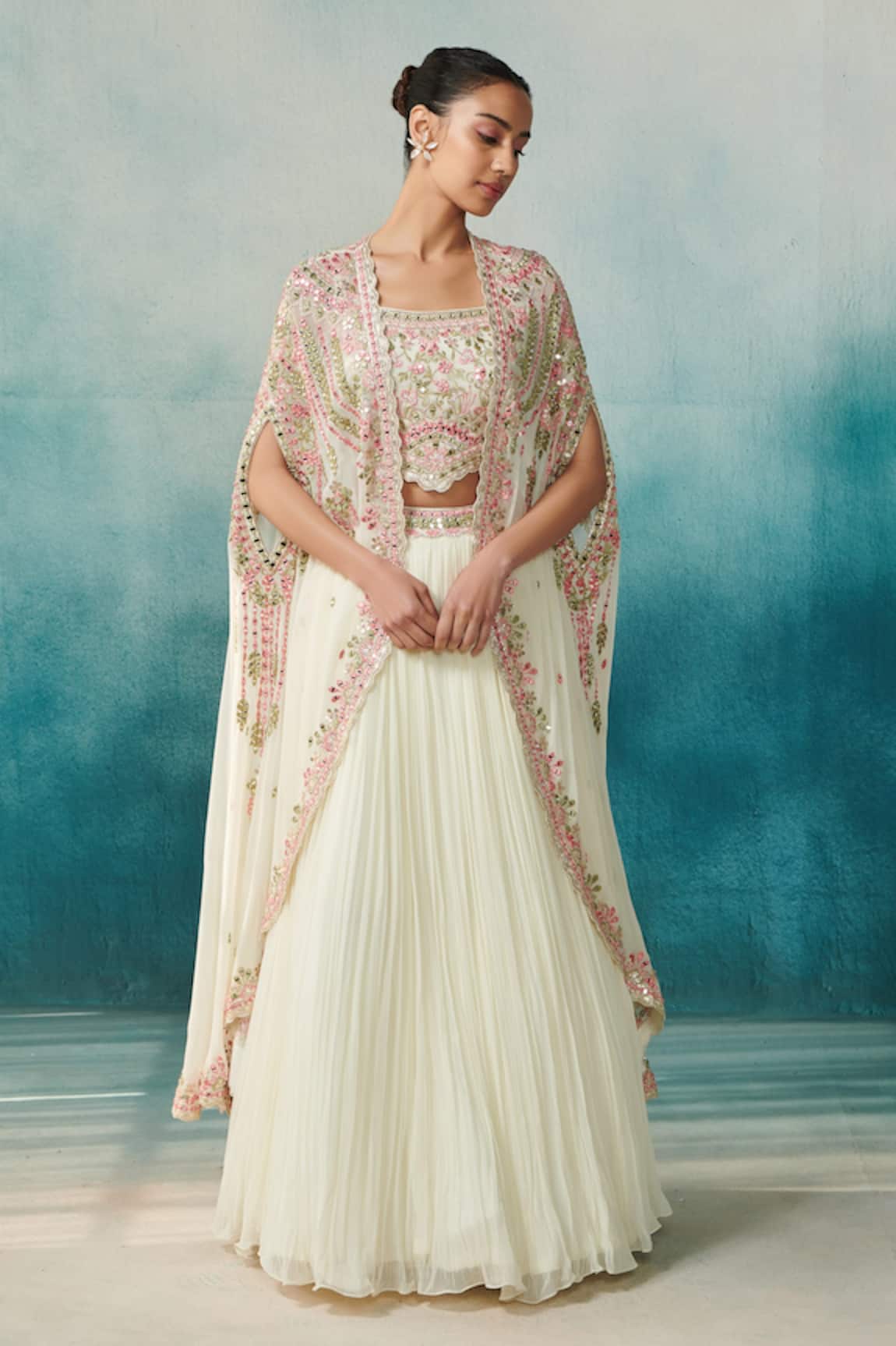 Suhino Georgette Embroidered Cape & Pleated Skirt Set