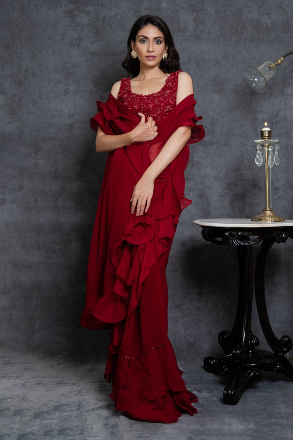 Sunita Bhandari Ruffle Pre-Draped Saree With Sleeveless Blouse 