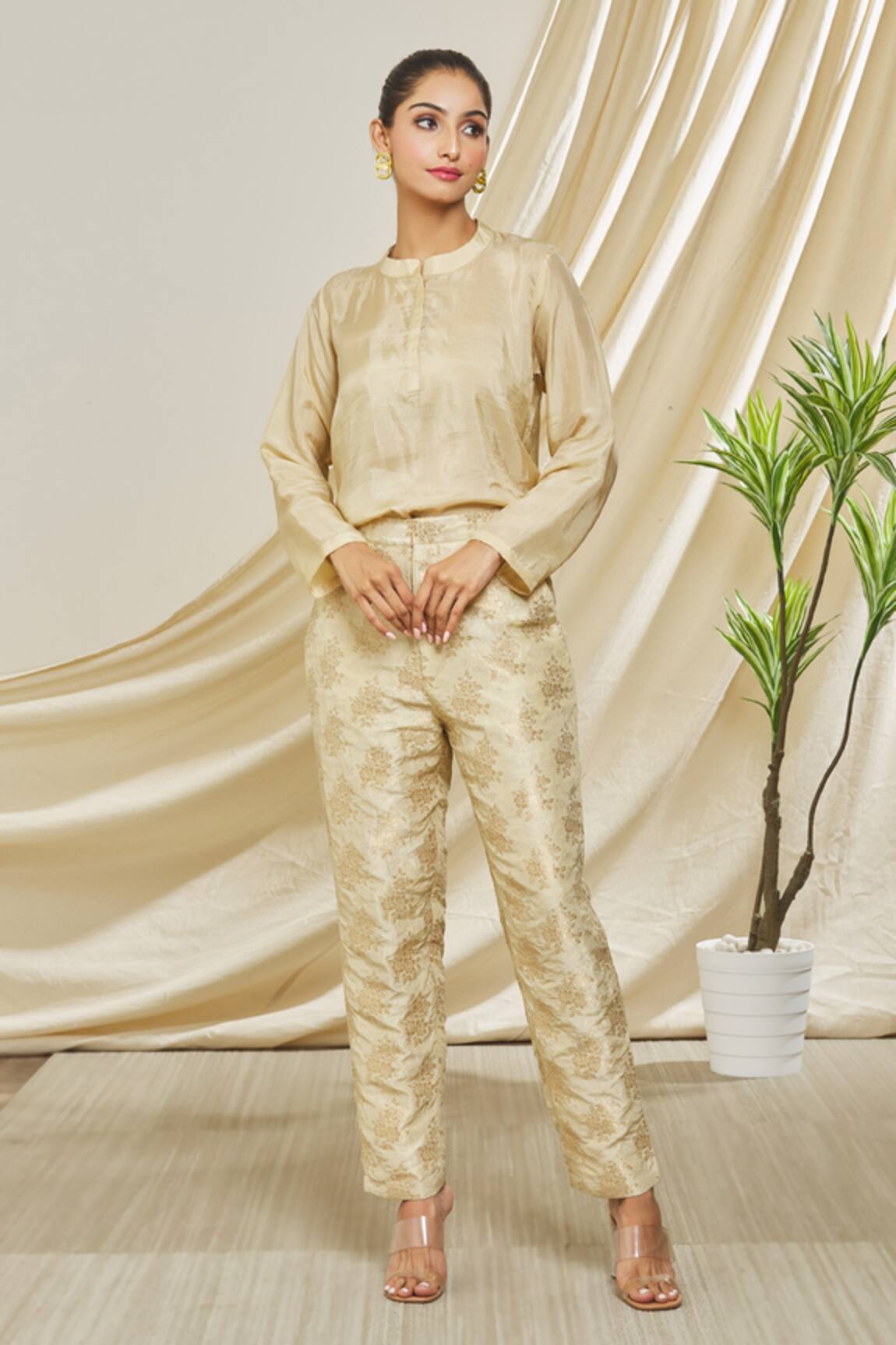 Peenacolada Round Collar Shirt & Brocade Pant Set