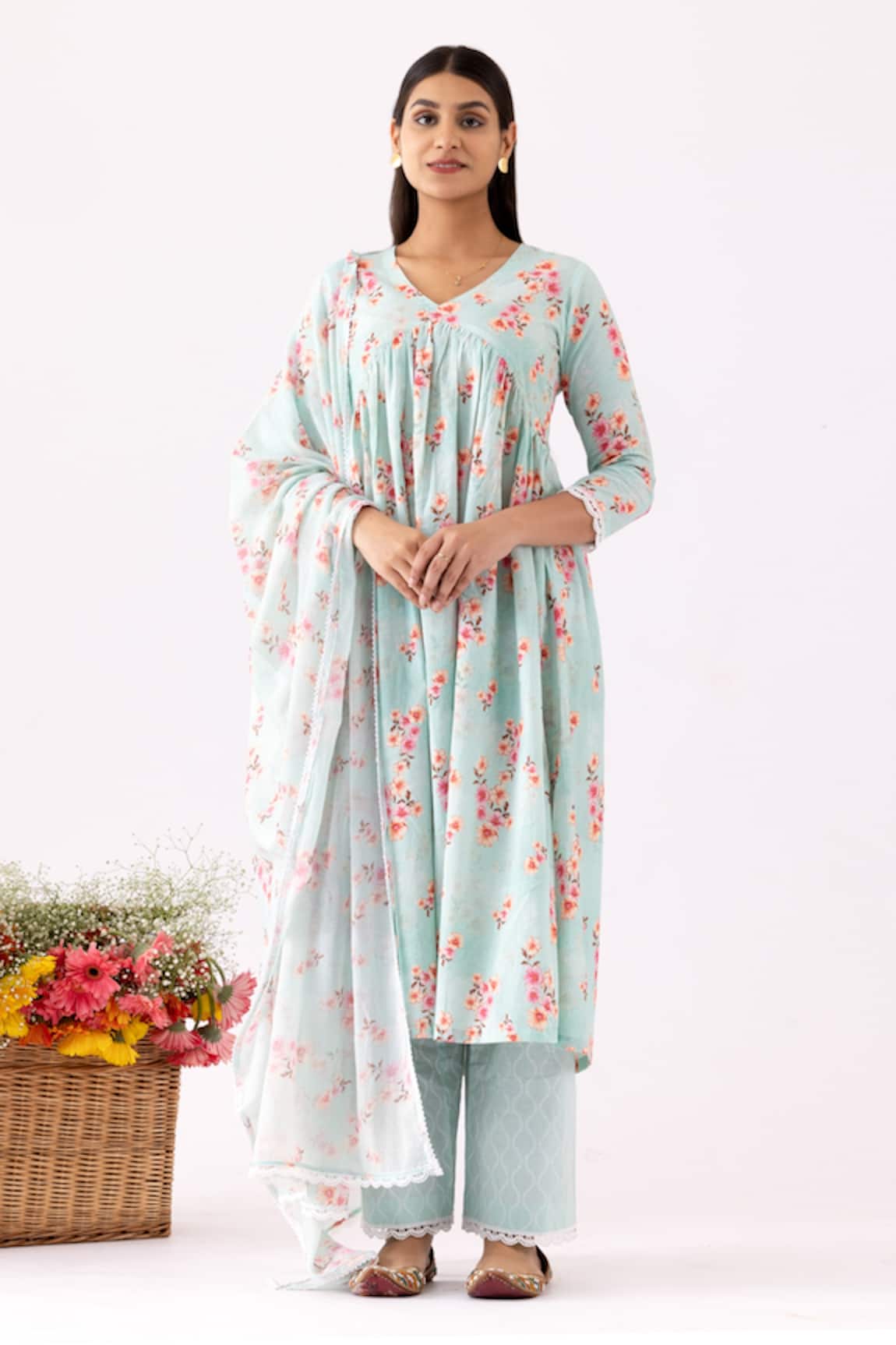 Abbaran Floral Bloom Print Gathered Anarkali Set