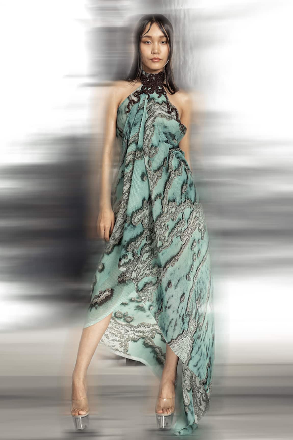 Abhishek Sharma Reef Print Halter Neck Draped Dress 