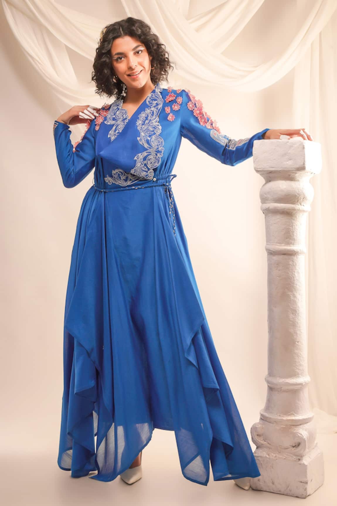 Jajaabor Cowl Neck Embroidered Angrakha & Pant Set 