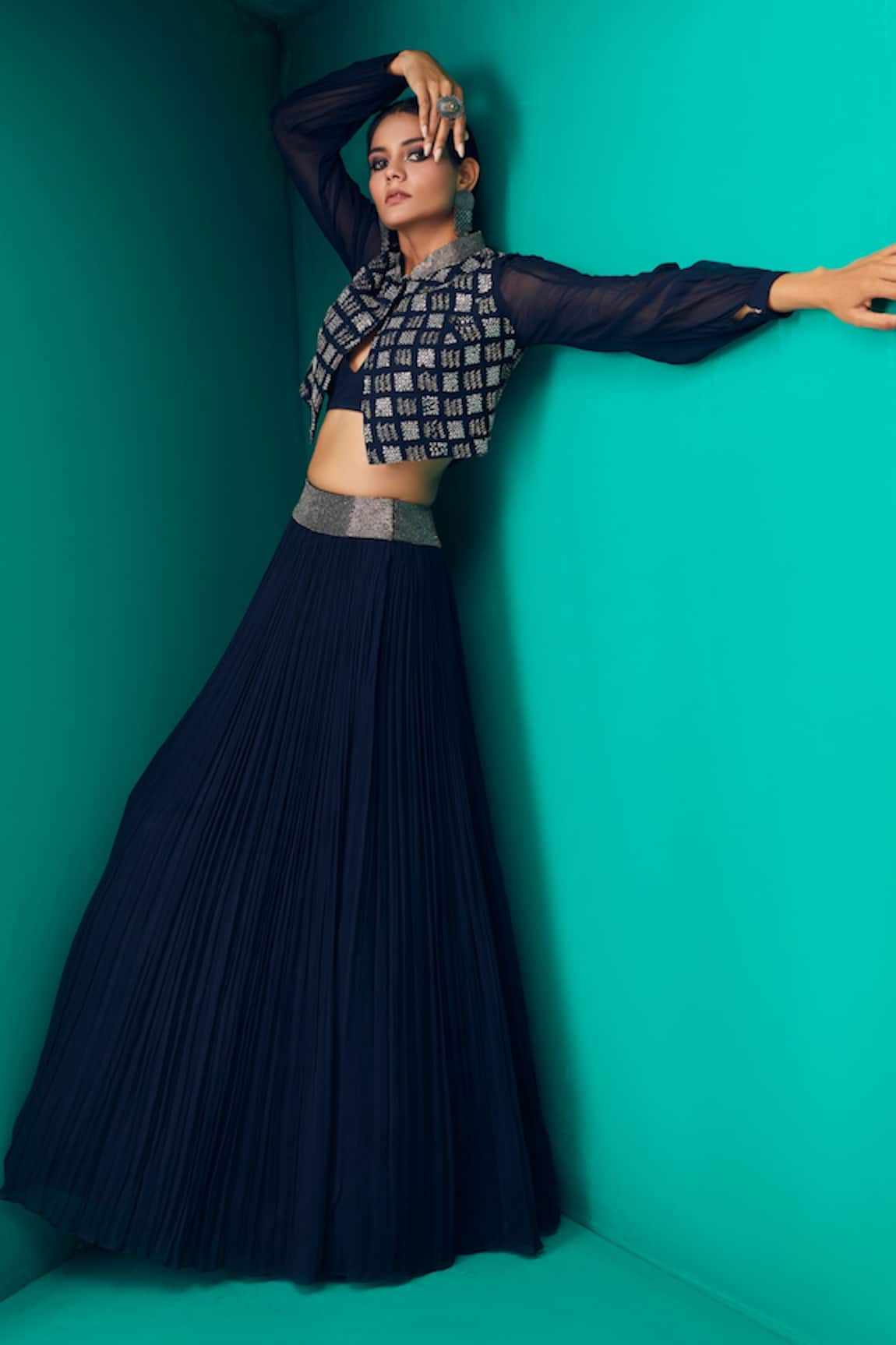 Rishi And Soujit Embellished Crop Jacket & Gathered Skirt Set