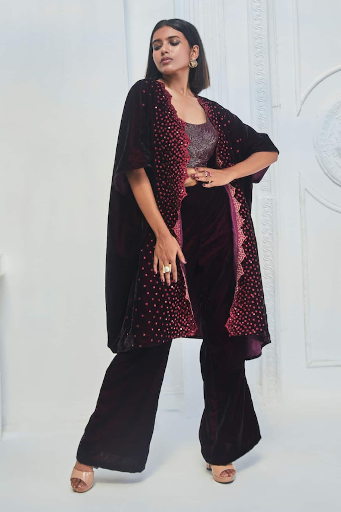Monk & Mei By Sonia Anand Velvet Geometric Pattern Kaftan & Pant Set