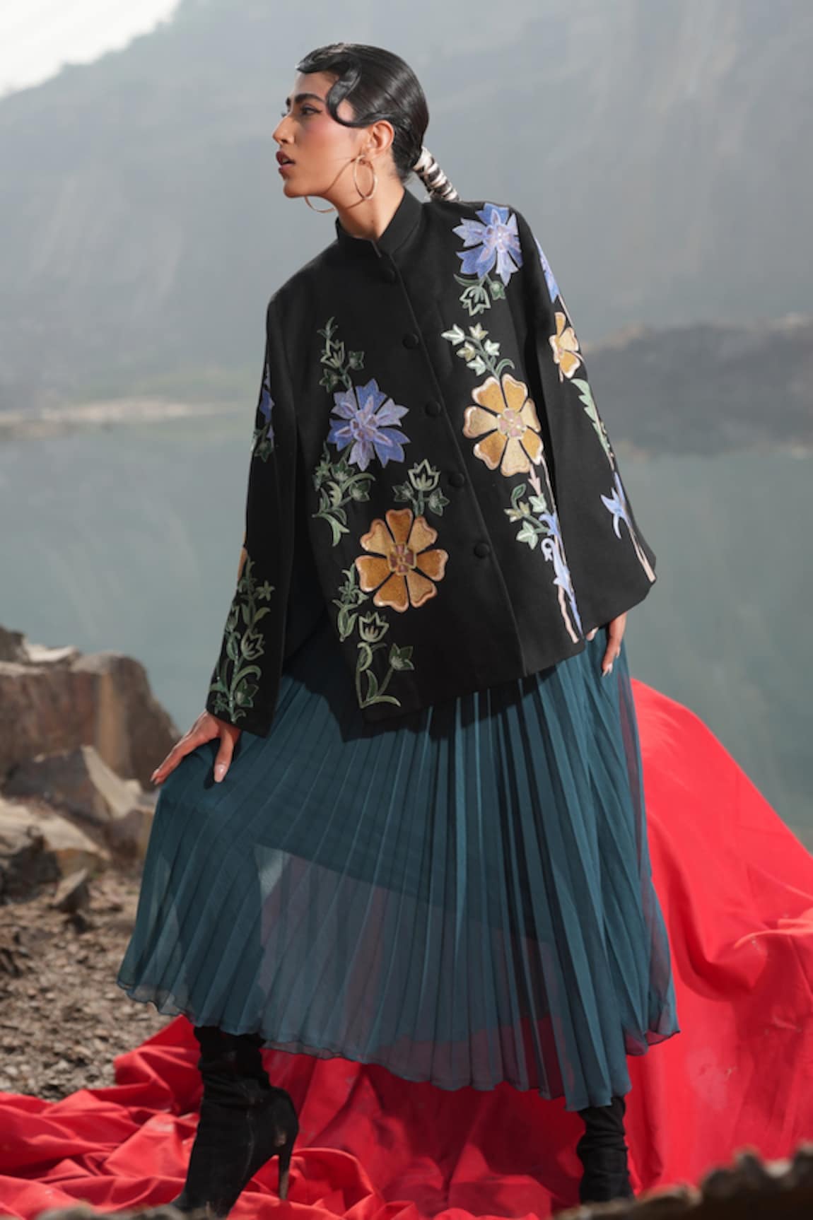 Neiza by Neeti Seth Floral Aari Work Cashmere Wool Cape