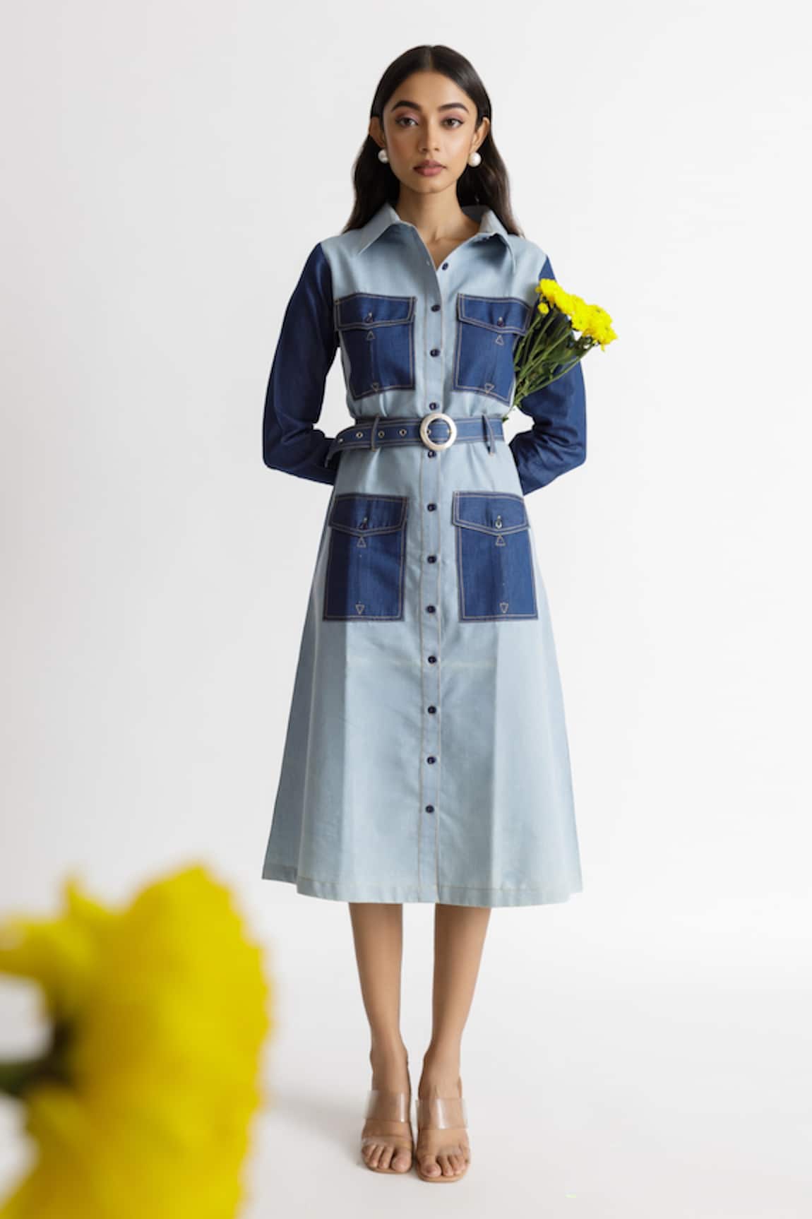 Veera Wear Color Block Denim Dress with Belt