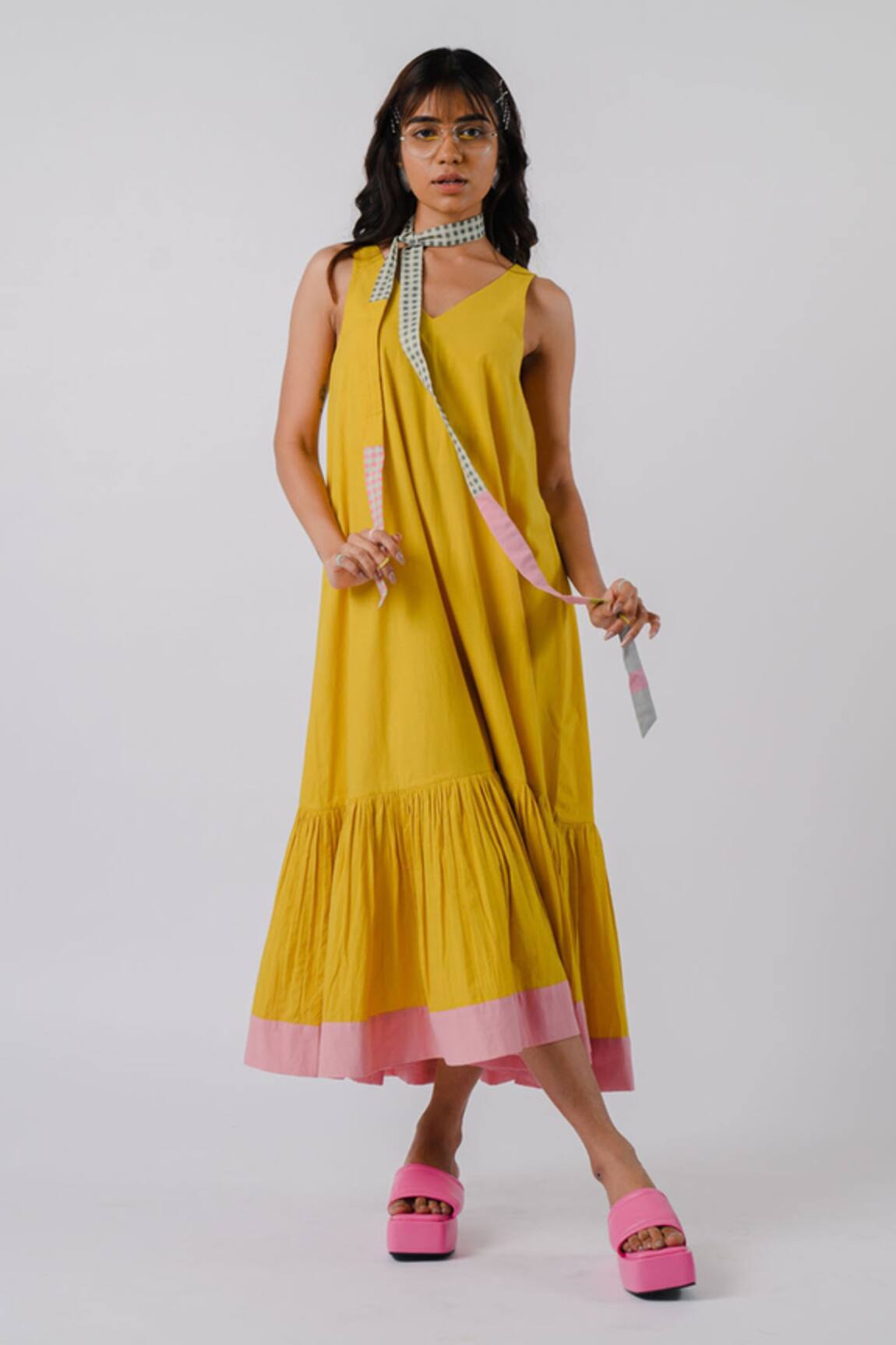Tussah By Siddhi Shah Yellow Cotton Tiered Dress