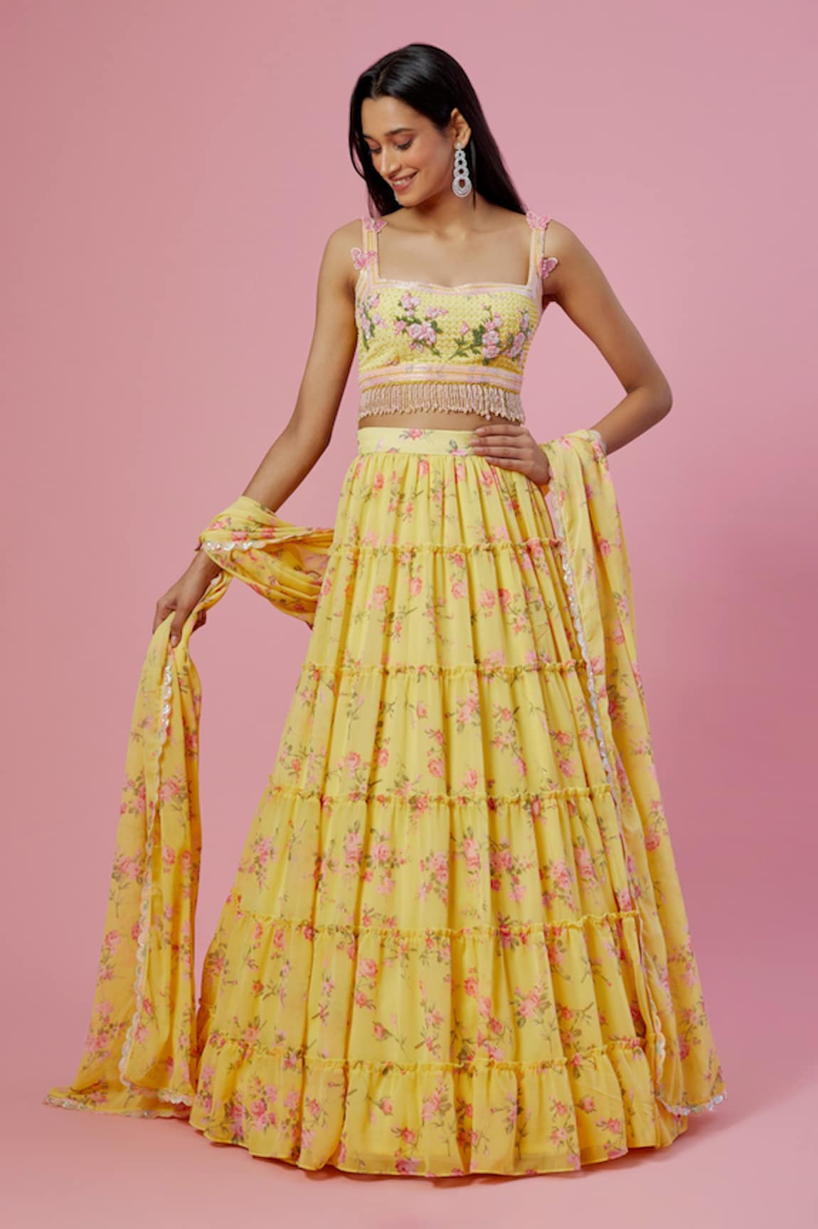 Label Priyanka Kar Floral Print Tiered Lehenga Set