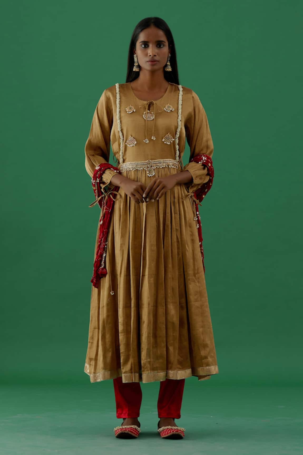 5elements Silk Tissue Bead Work Anarkali Pant Set 