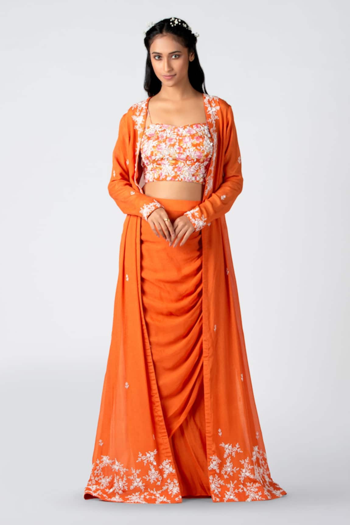 Suruchi Parakh Floral Embroidered Jacket & Draped Skirt Set