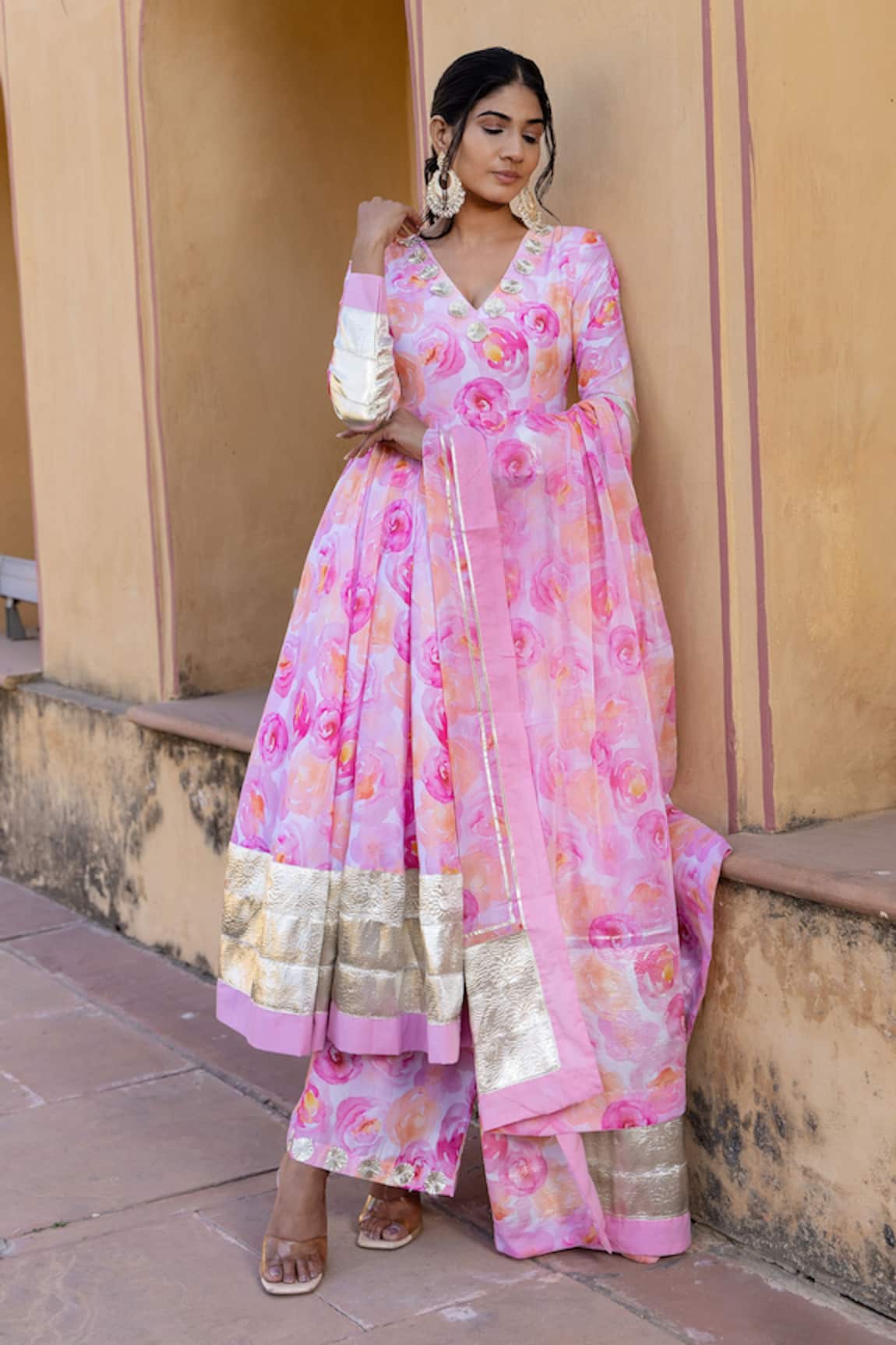 Pomcha Jaipur Haadiya Floral Print Anarkali Pant Set