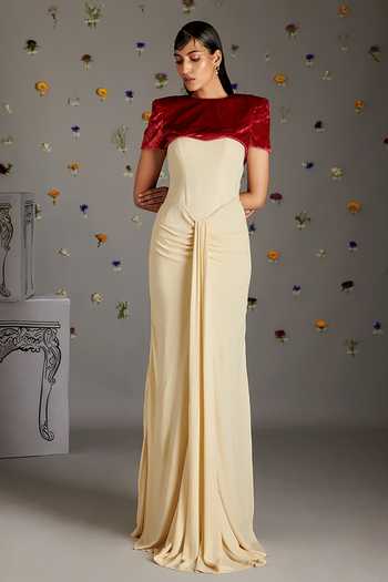 Gauri Dhawan Velvet One Shoulder Gown & Short Jacket Set 