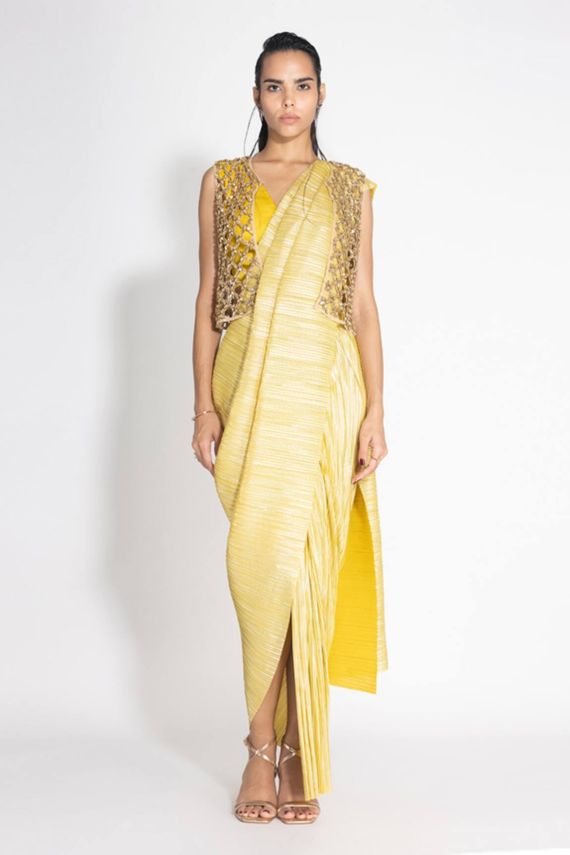 431-88 By Shweta Kapur Silk Metallic Pre-Draped Saree & Honeycomb Jacket Set 