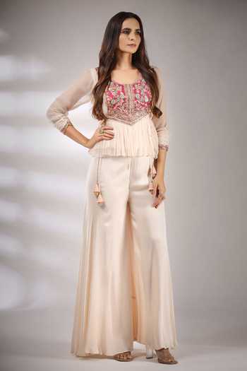 Pallavi Jaipur Floral Embroidered Top & Flared Pant Set 