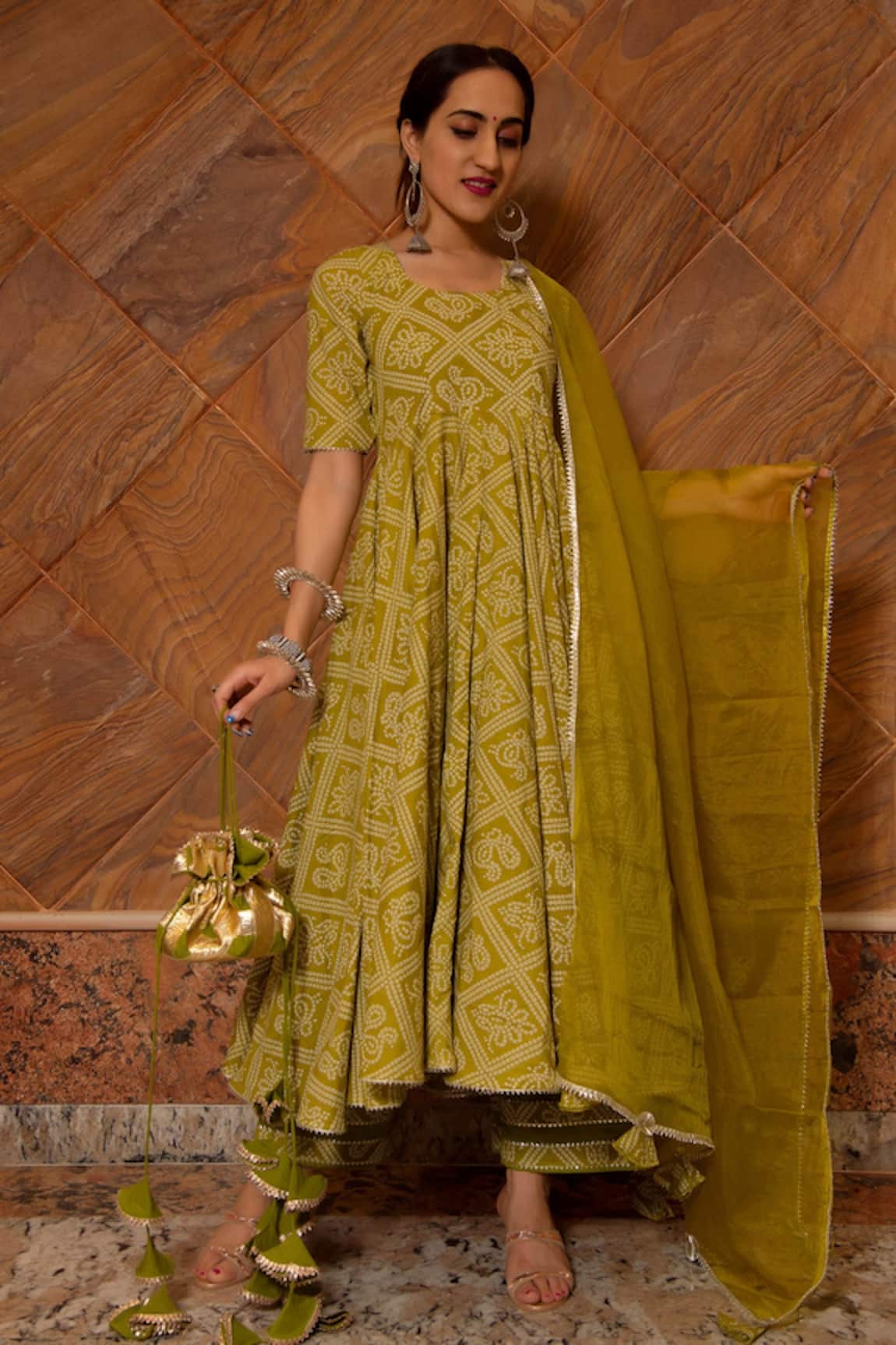 Pomcha Jaipur Bandhej Cotton Bandhani Print Anarkali Set 