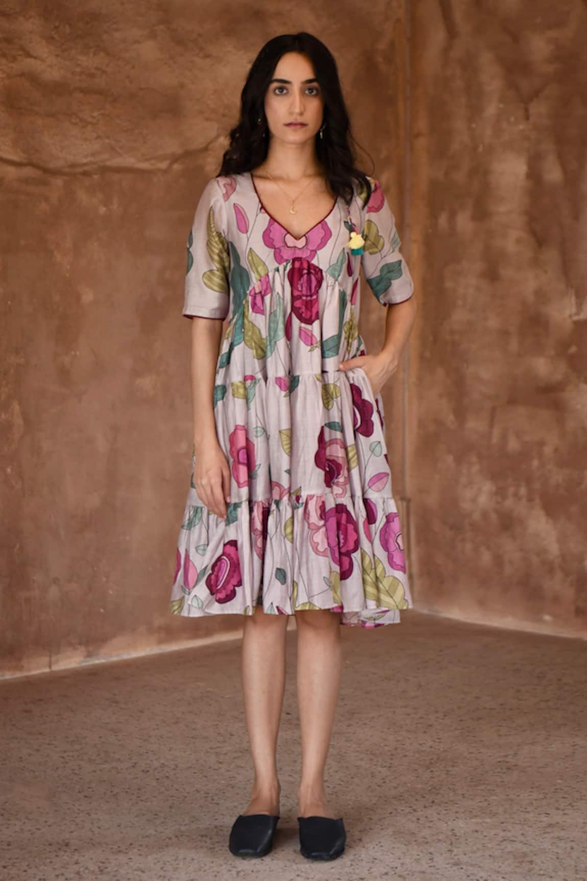 Taro Floral Foliage Print Tiered Dress 