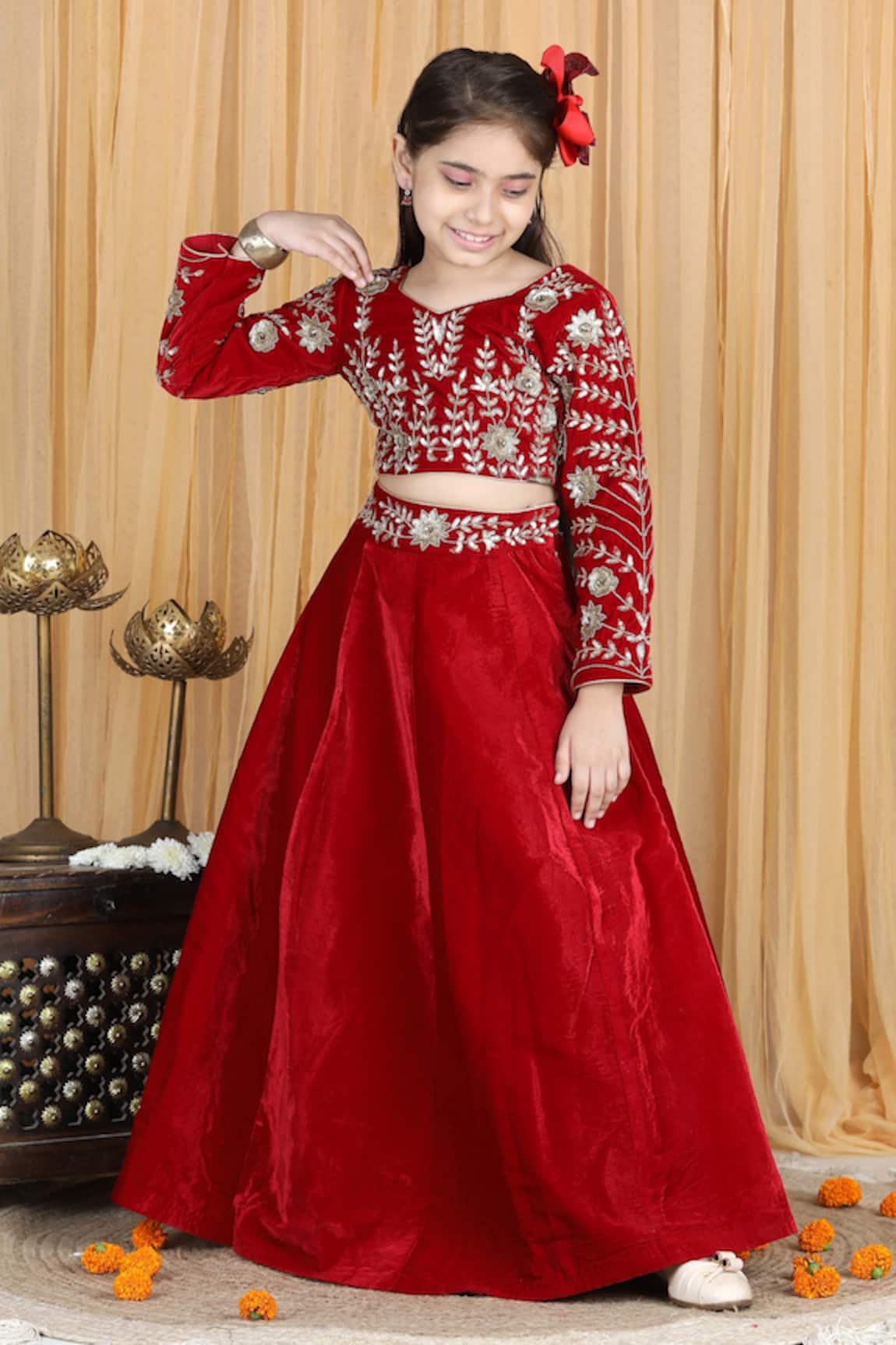 The Little Celebs Velvet Waistband Embroidered Lehenga & Blouse Set 