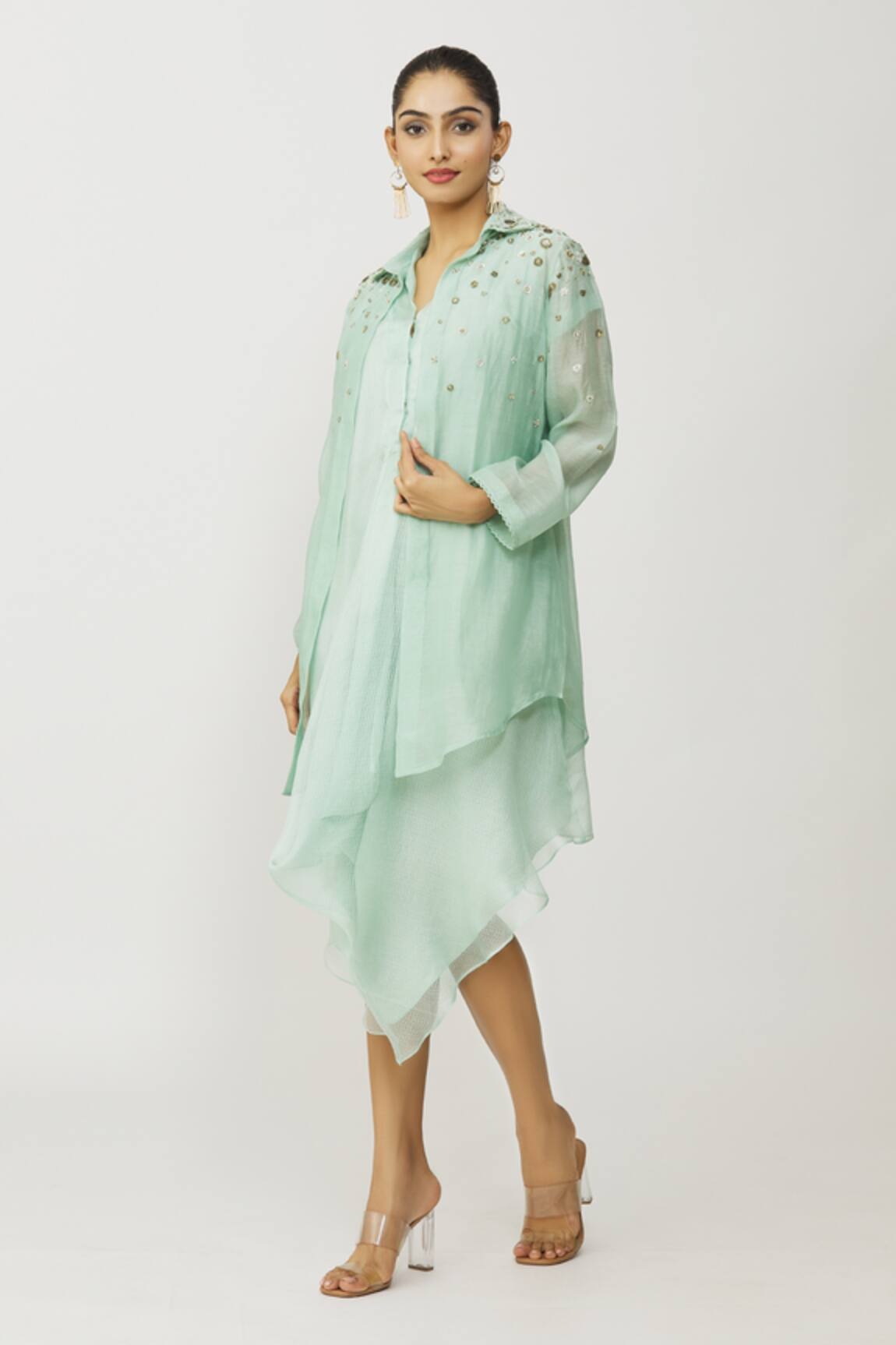 Neeta Bhargava Asymmetric Hem Kota Dress With Embroidered Jacket