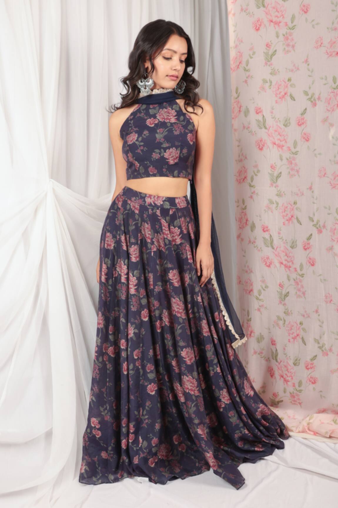 House Of TA-YA Floral Print Halter Blouse Lehenga Set 