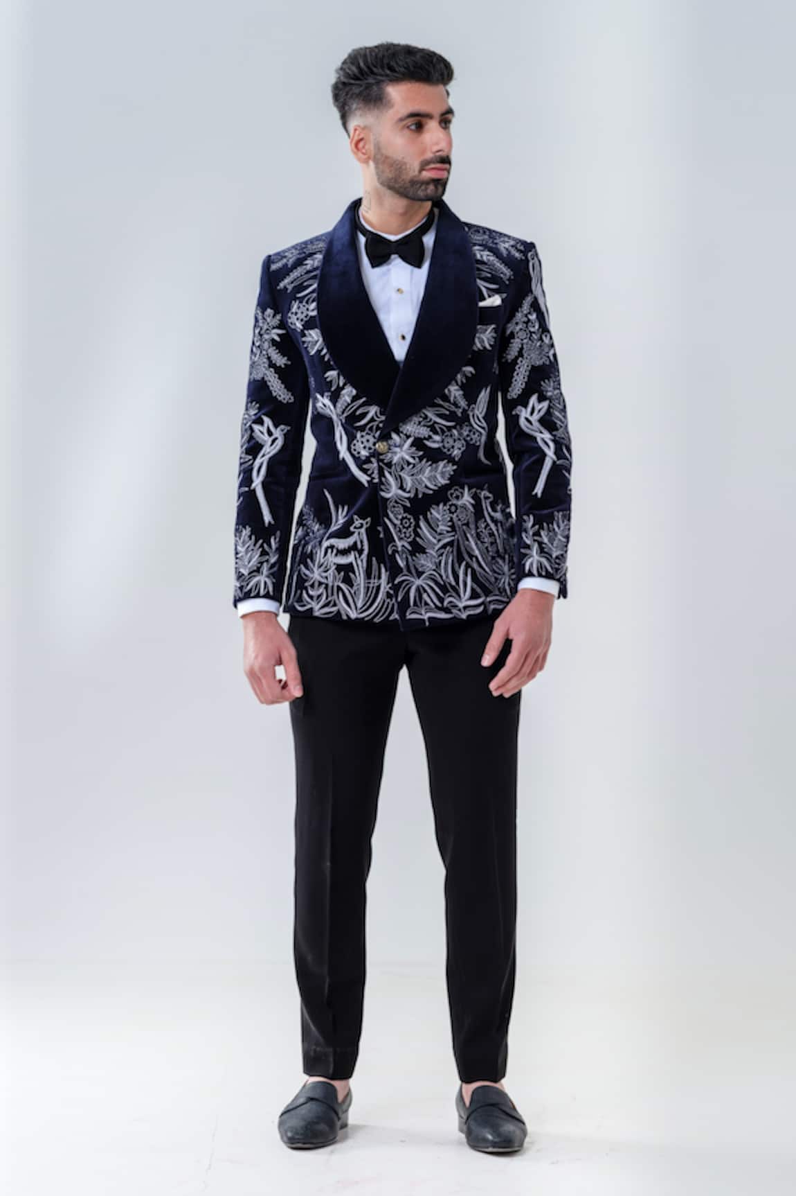 Amrit Dawani Navy Velvet Botanical Embroidered Tuxedo Set 