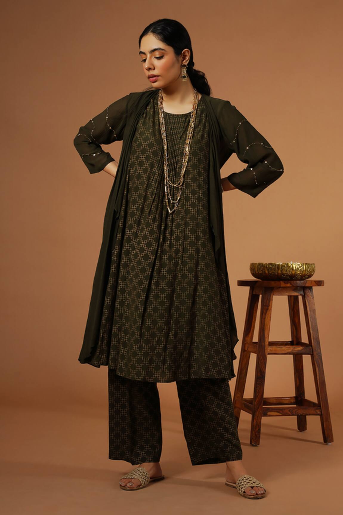 OMI Sequin Embroidered Shrug & Pant Set