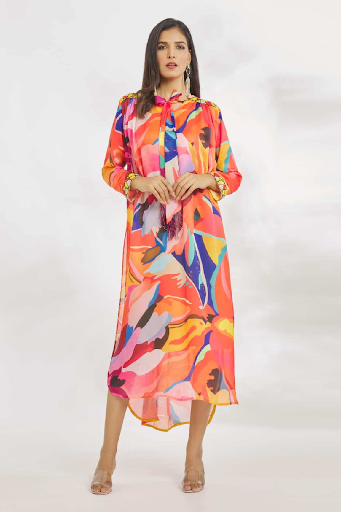 Paksh Geometric Print & Embroidered Midi Dress