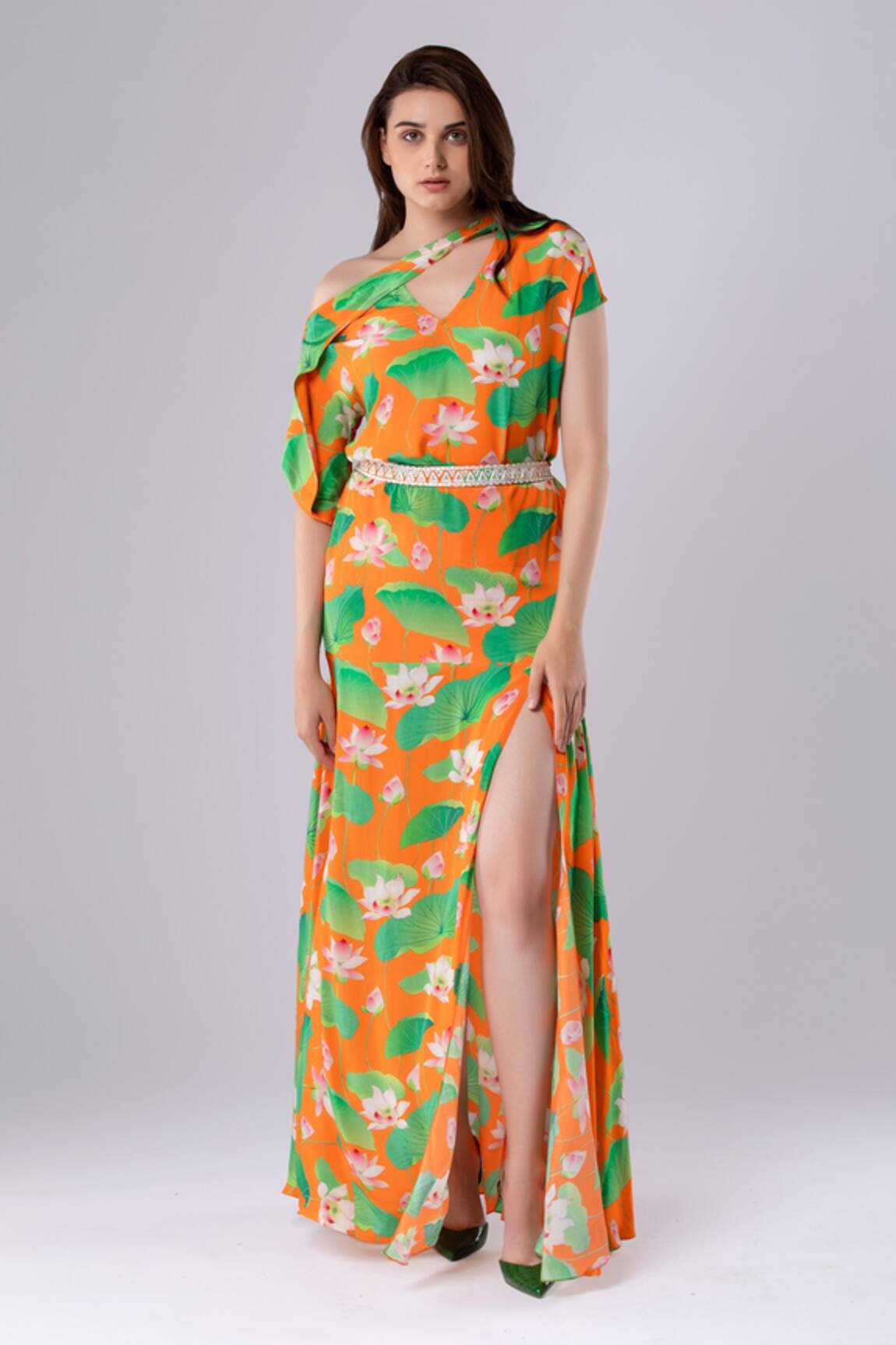Tangerine Tiger Lotus Print Slit Skirt 