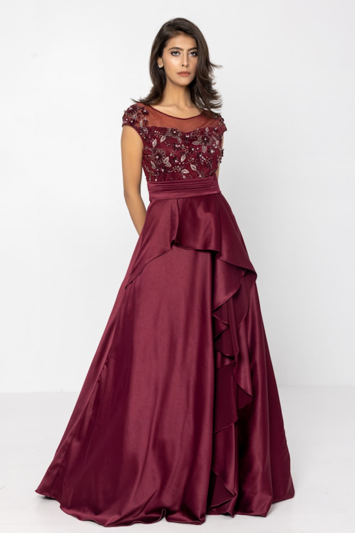 Sartoriale Pleated Waist Embroidered Gown