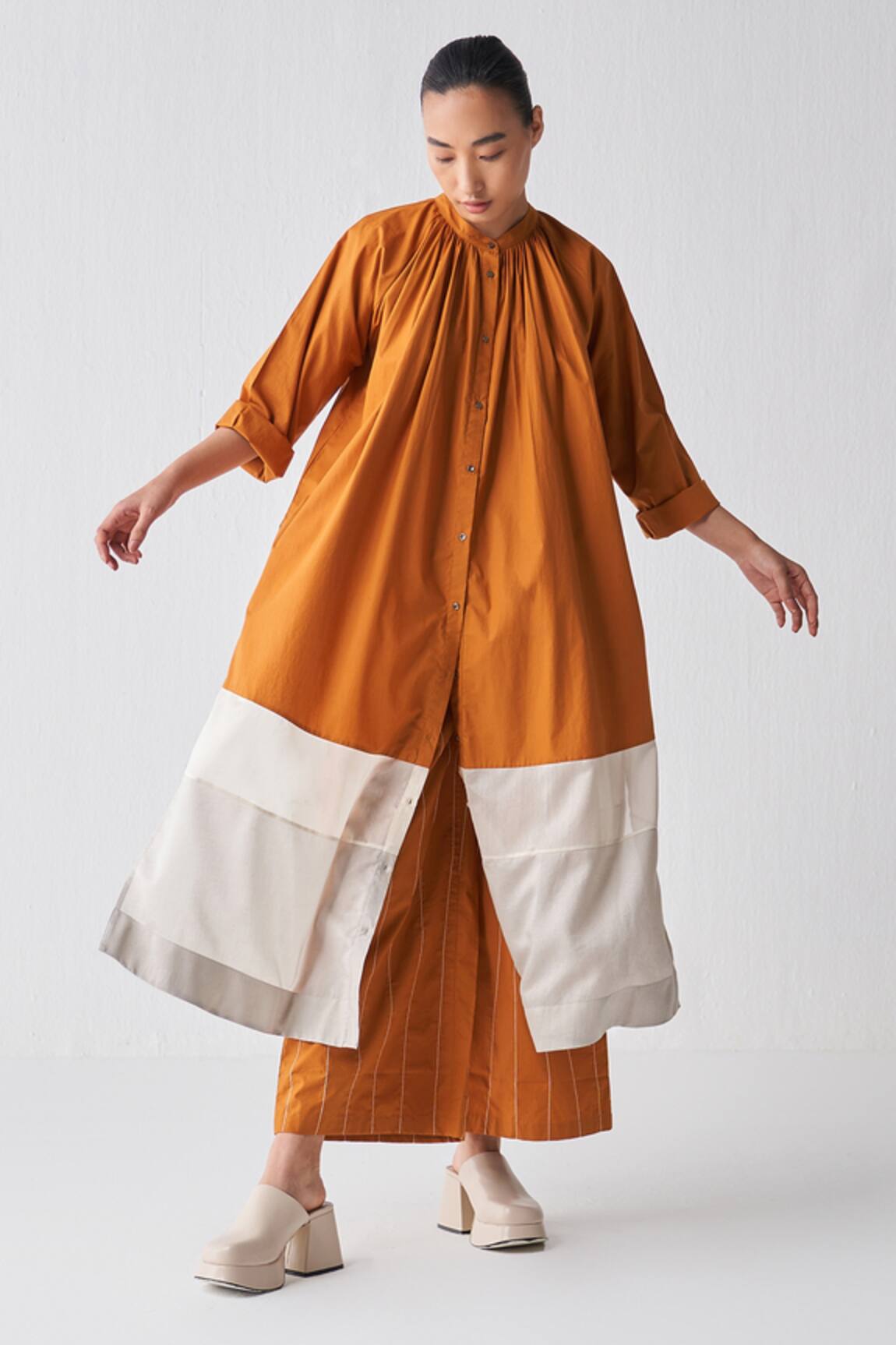 Three Gathered Neck Shirt Tunic & Broad Pant Set
