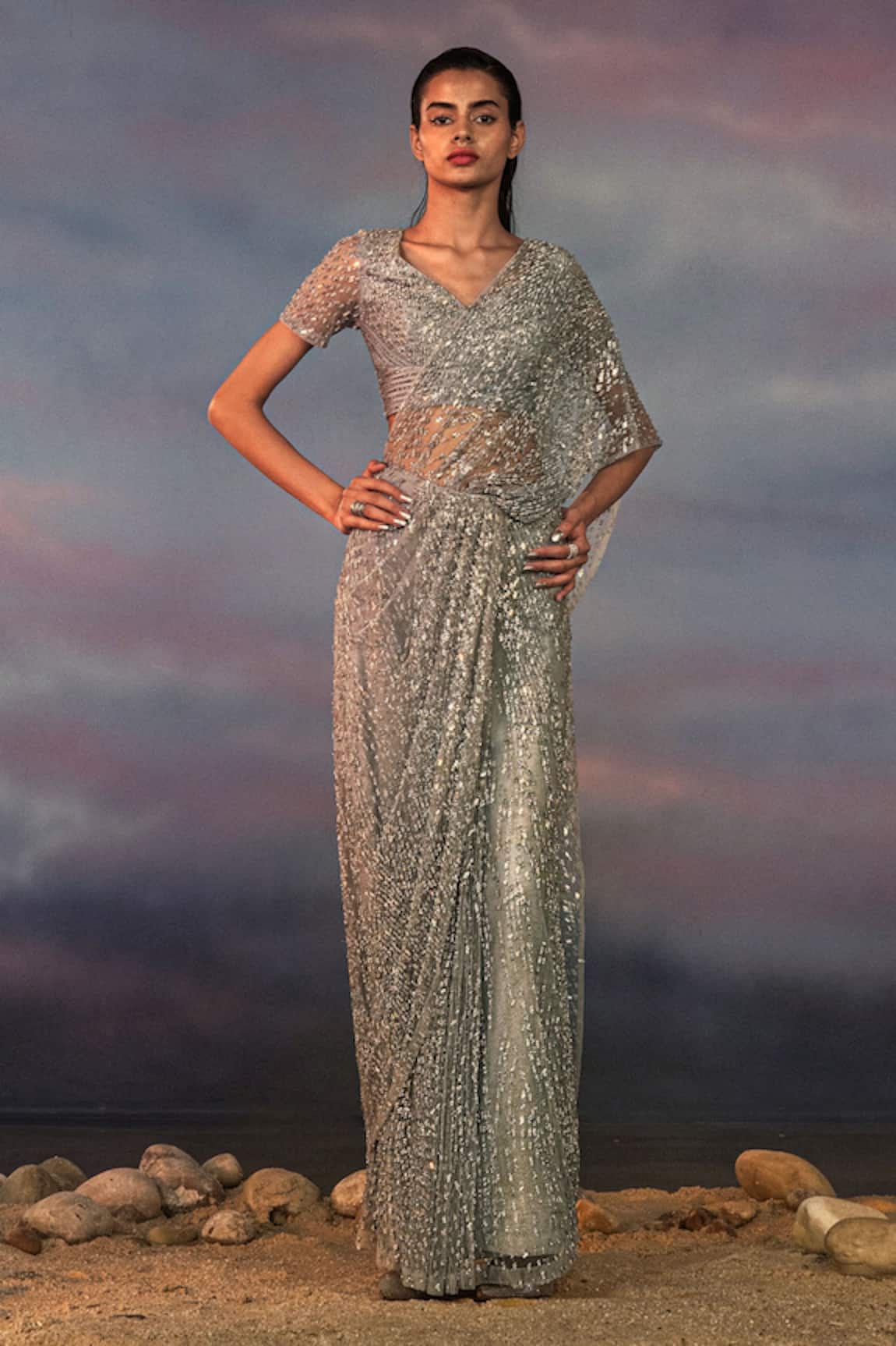 Rohit Gandhi + Rahul Khanna Pre-Draped Crystal Embroidered Saree With Blouse 