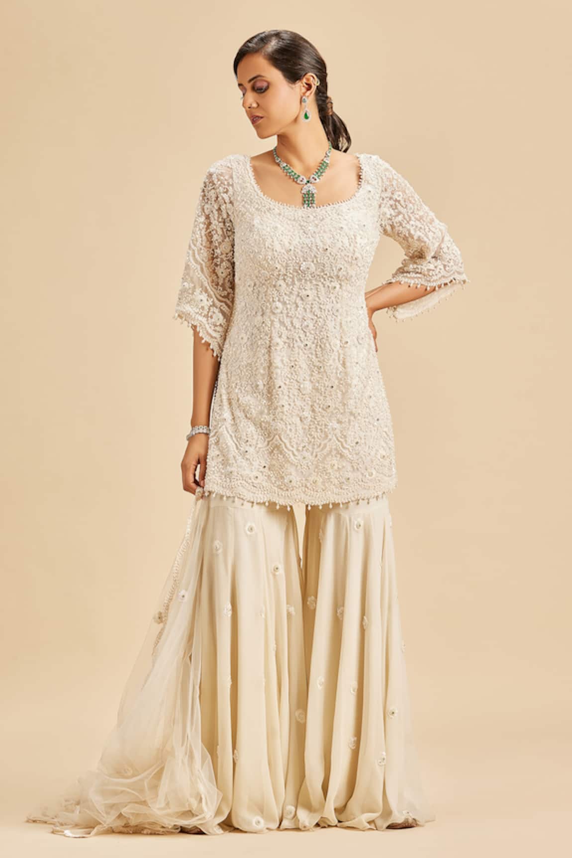 Nitika Gujral Bead & Crystal Embroidered Kurta Sharara Set