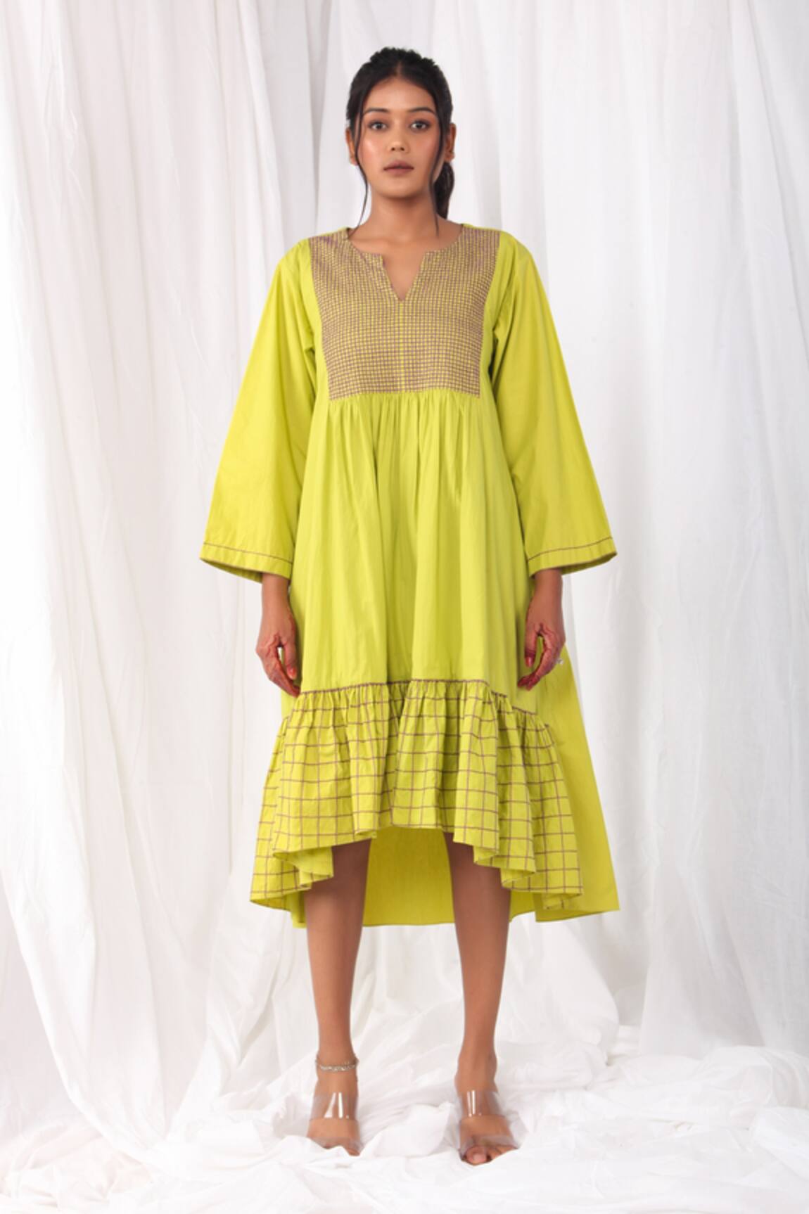 Khat Checkered Embroidered Flared Dress