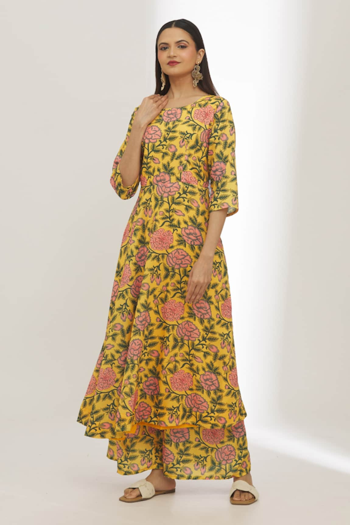 Adara Khan Floral Print Flared Kurta & Palazzo Set