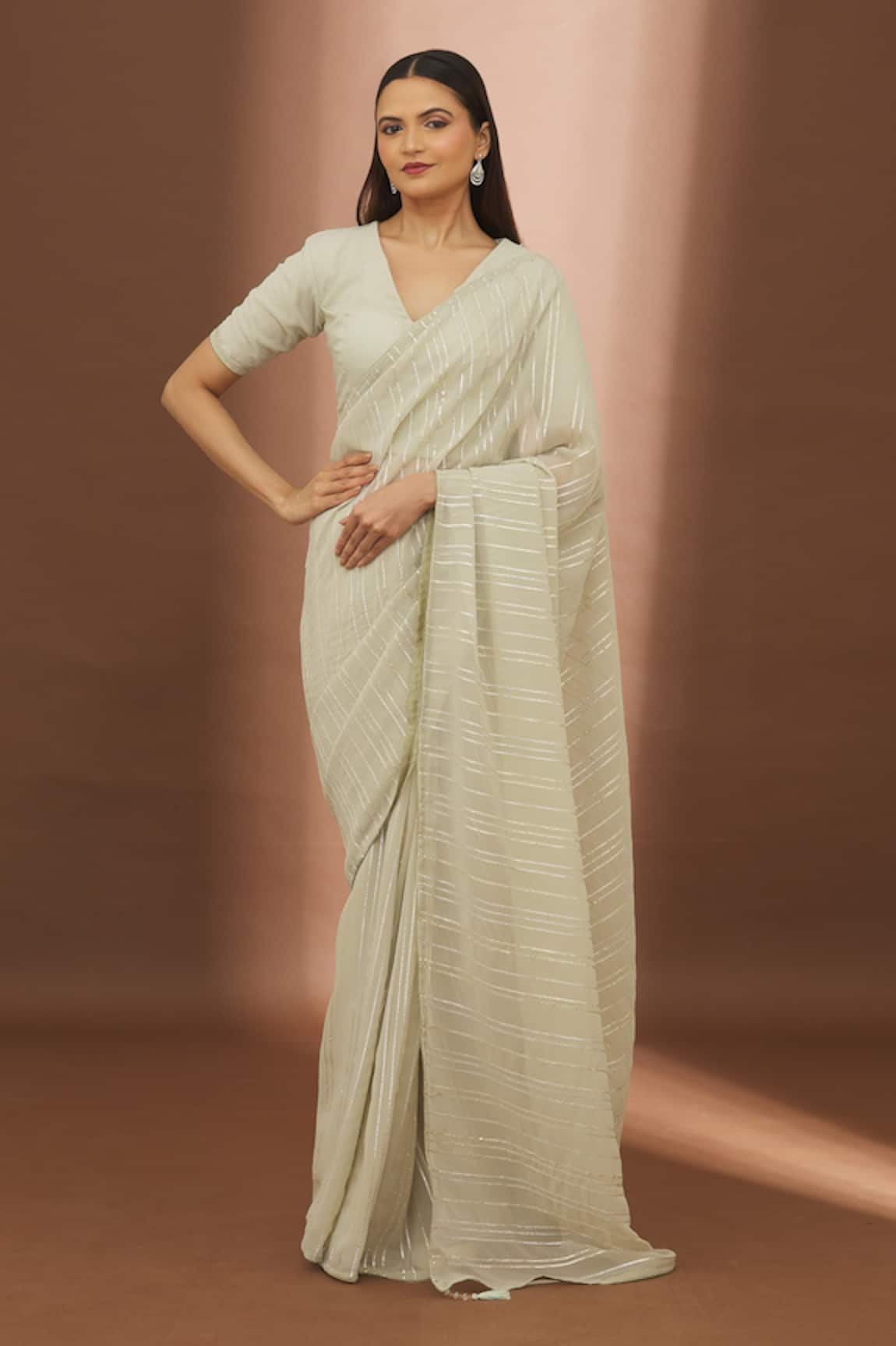 Turaja Striped Gota Patti Embroidered Saree With Blouse