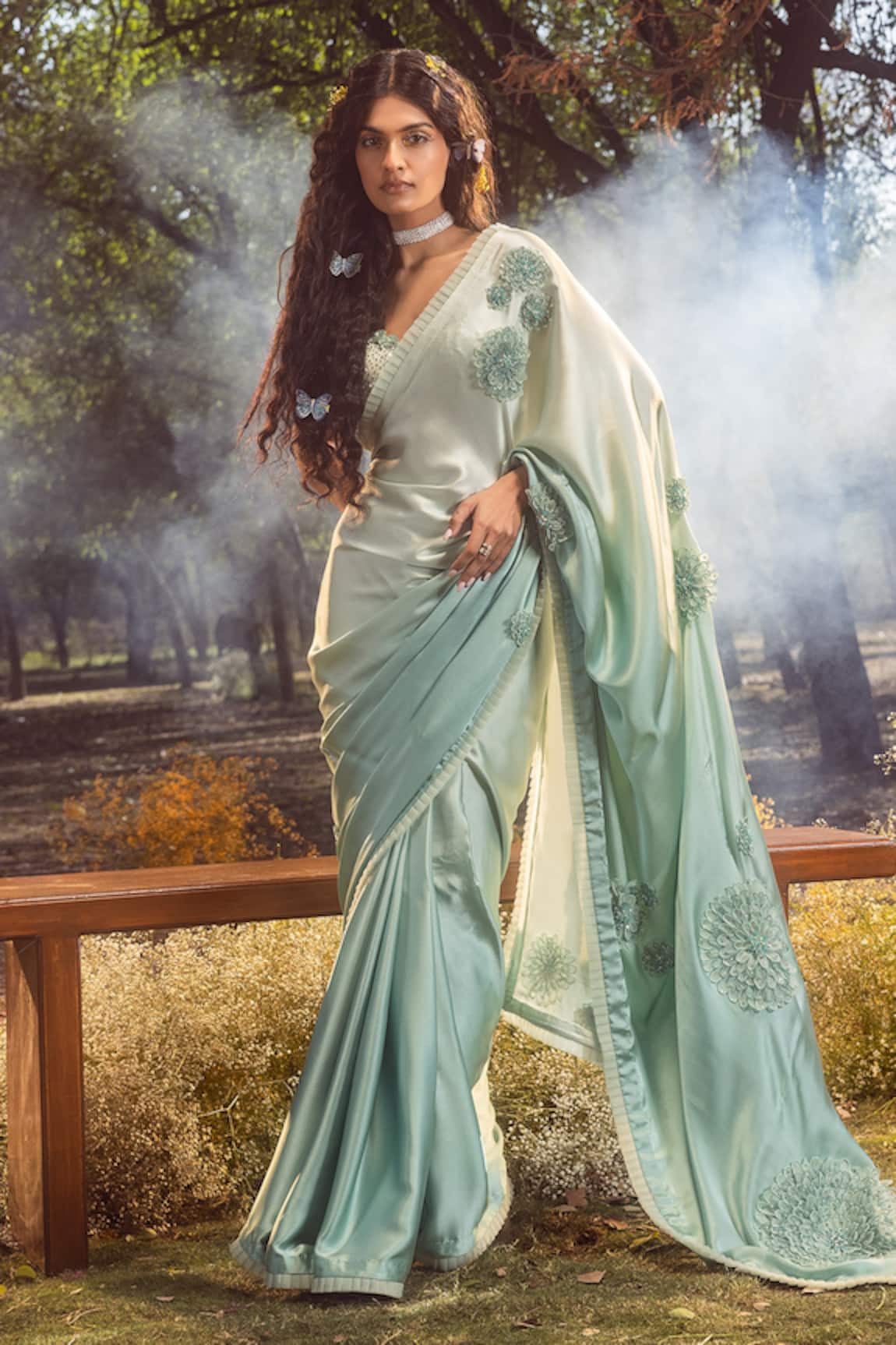 Nitika Gujral Ombre 3D Flower Applique Saree Set