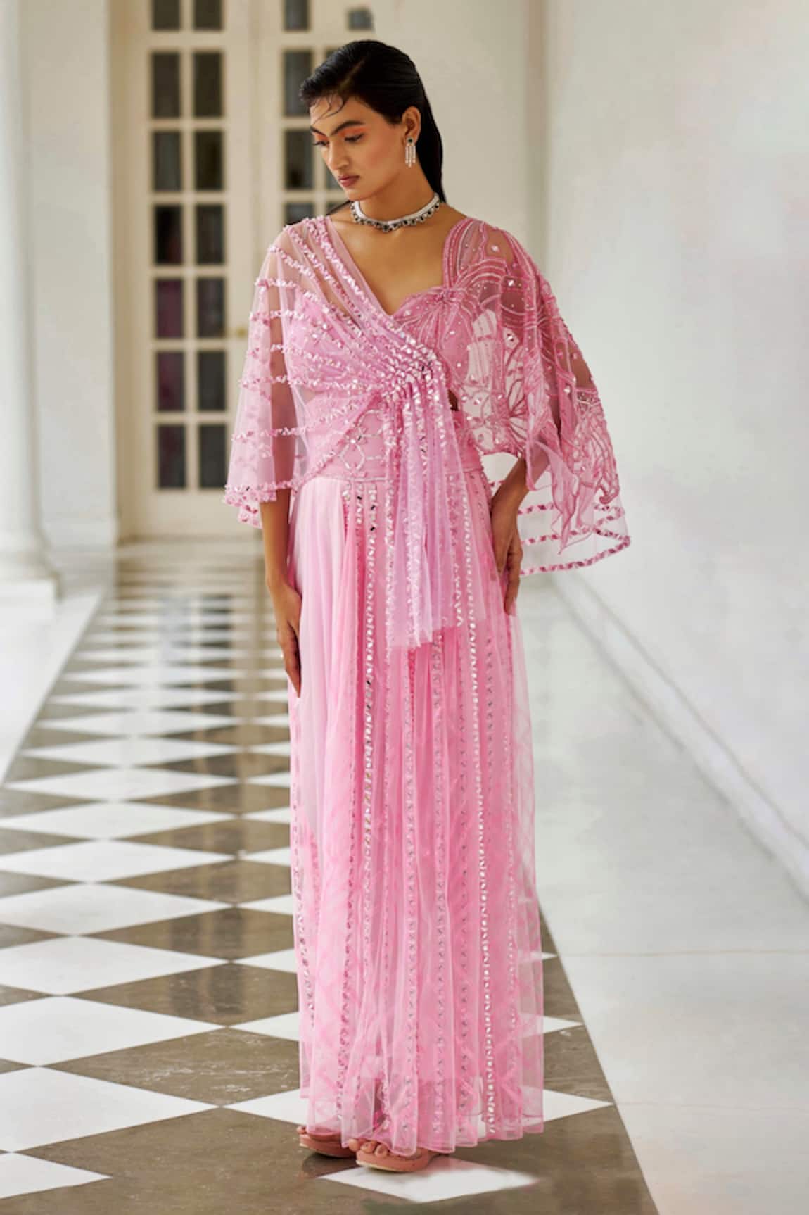 Moledro Jhilmil Draped Jumpsuit With Embroidered Cape