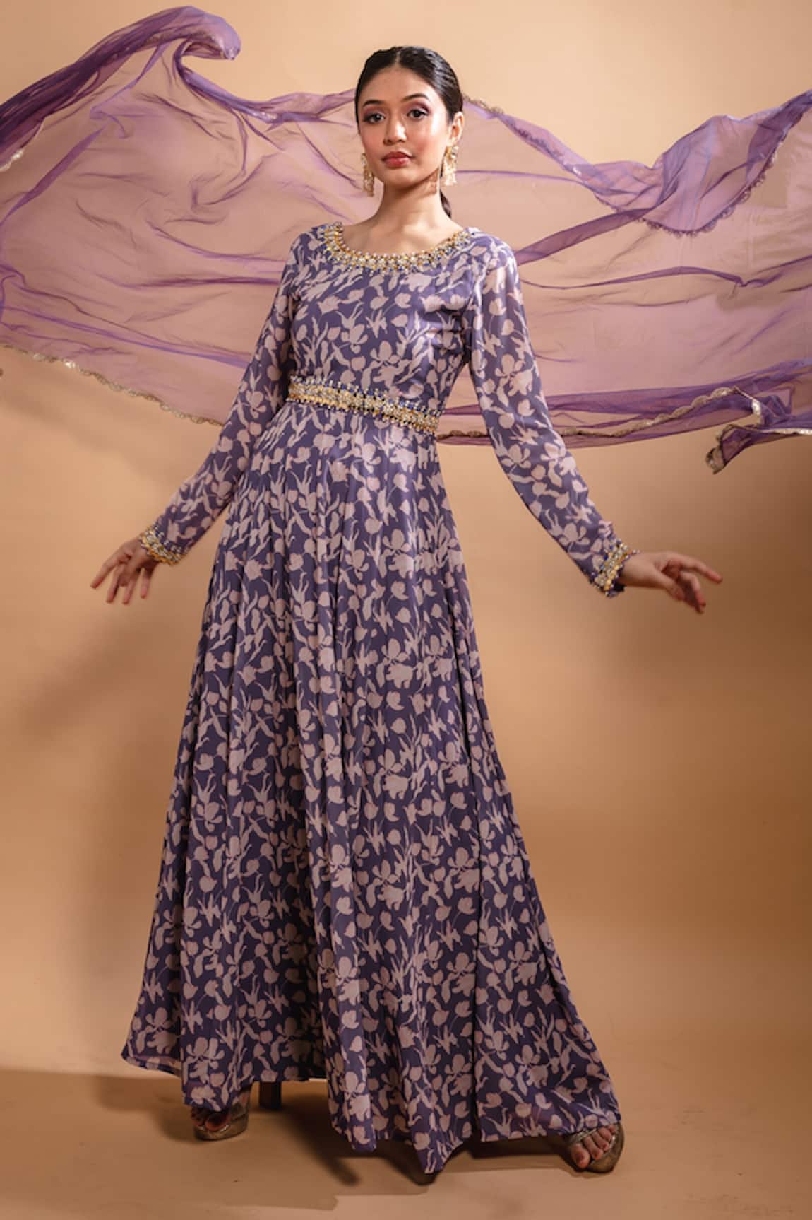 Ria Shah Label Floral Print Anarkali With Dupatta