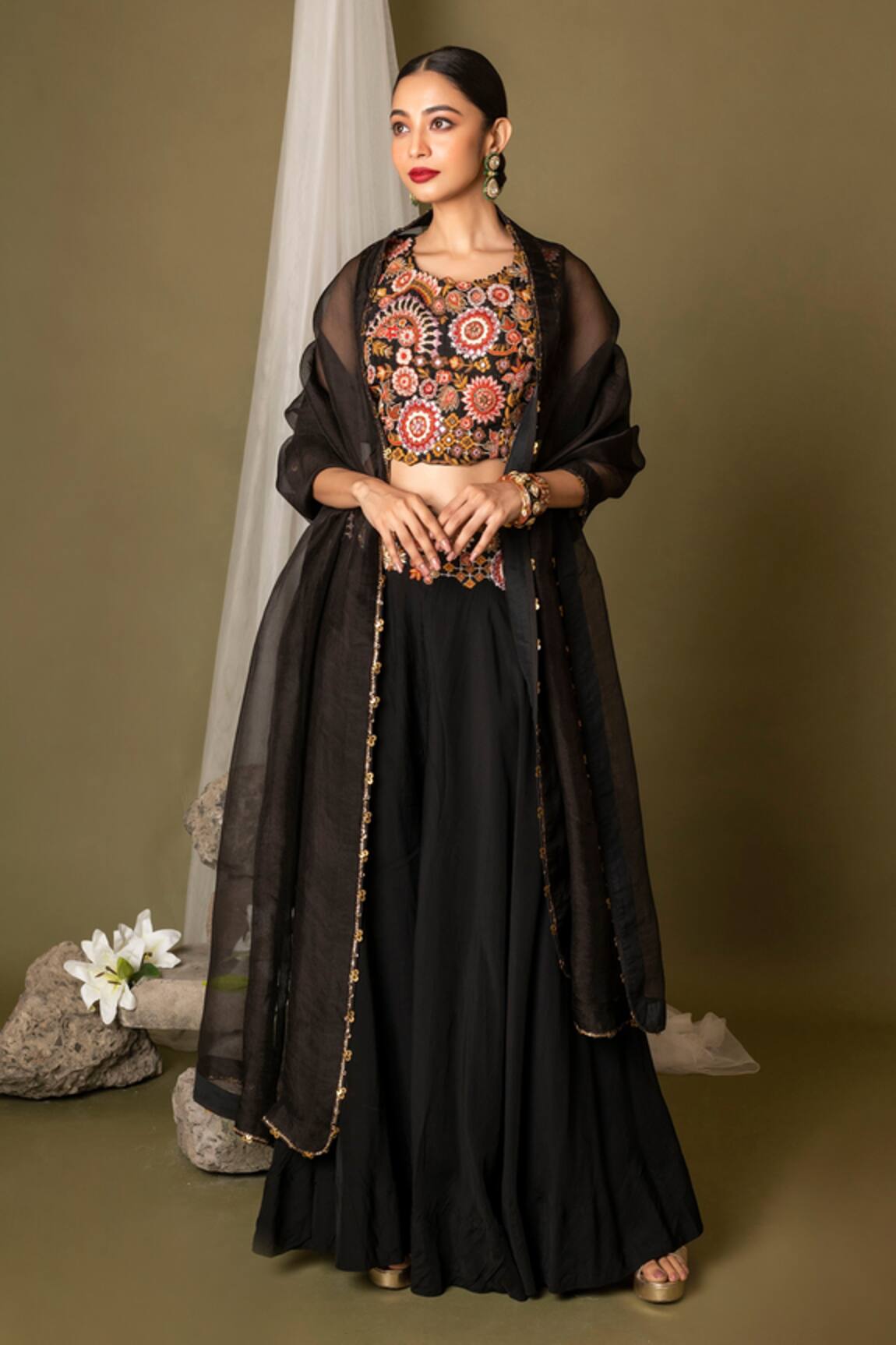 Pds By Sneha Floral Embroidered Blouse Sharara Set