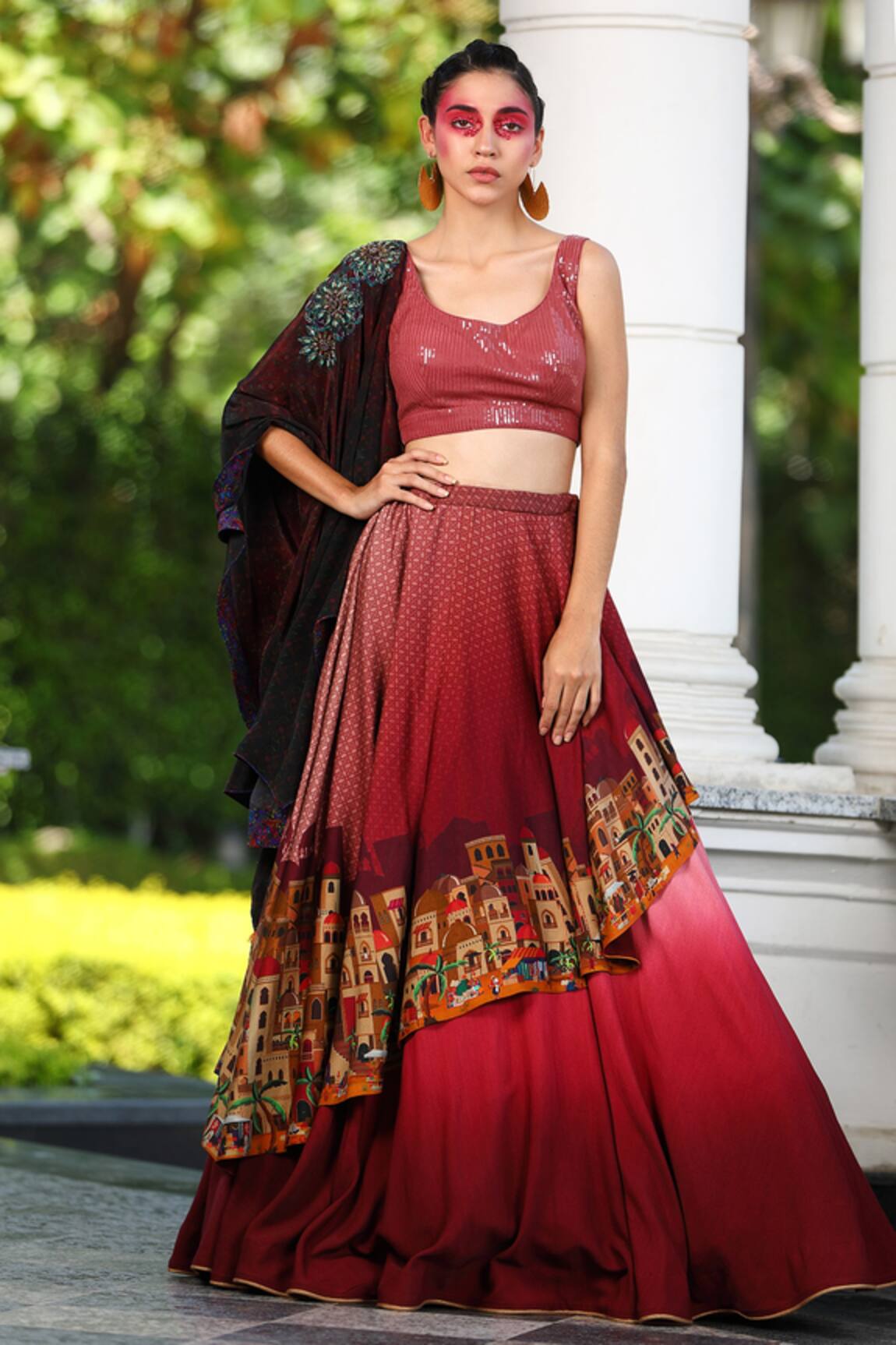 Shilpi Gupta Floral Embroidered Poncho & Skirt Set 