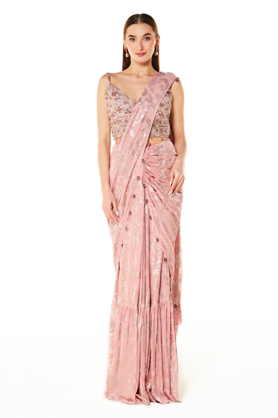 Rabani & Rakha Sequin Embroidered Pre-Draped Saree With Blouse 