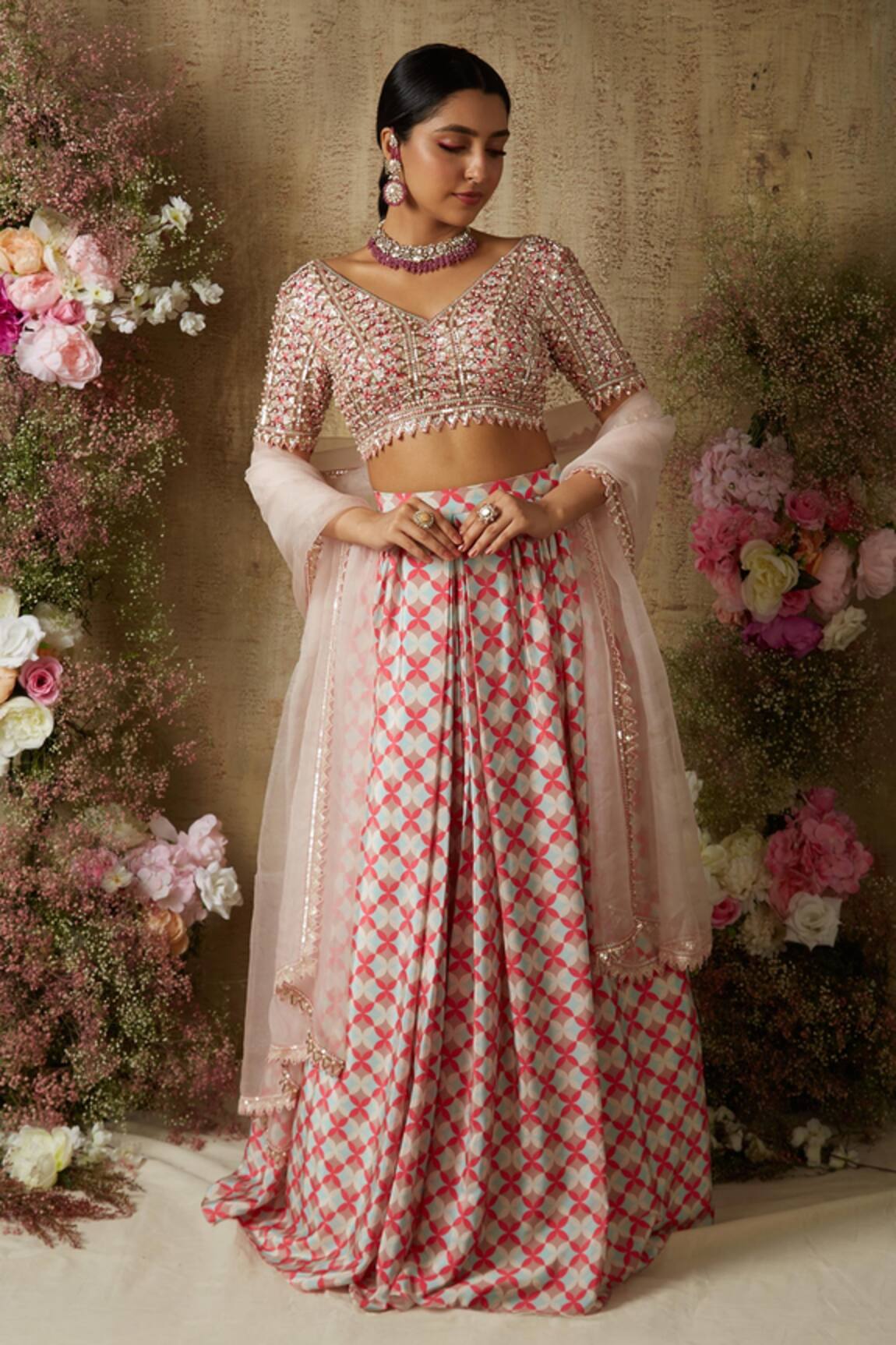 Ria Shah Label Pink Sequin Embellished Lehenga Set