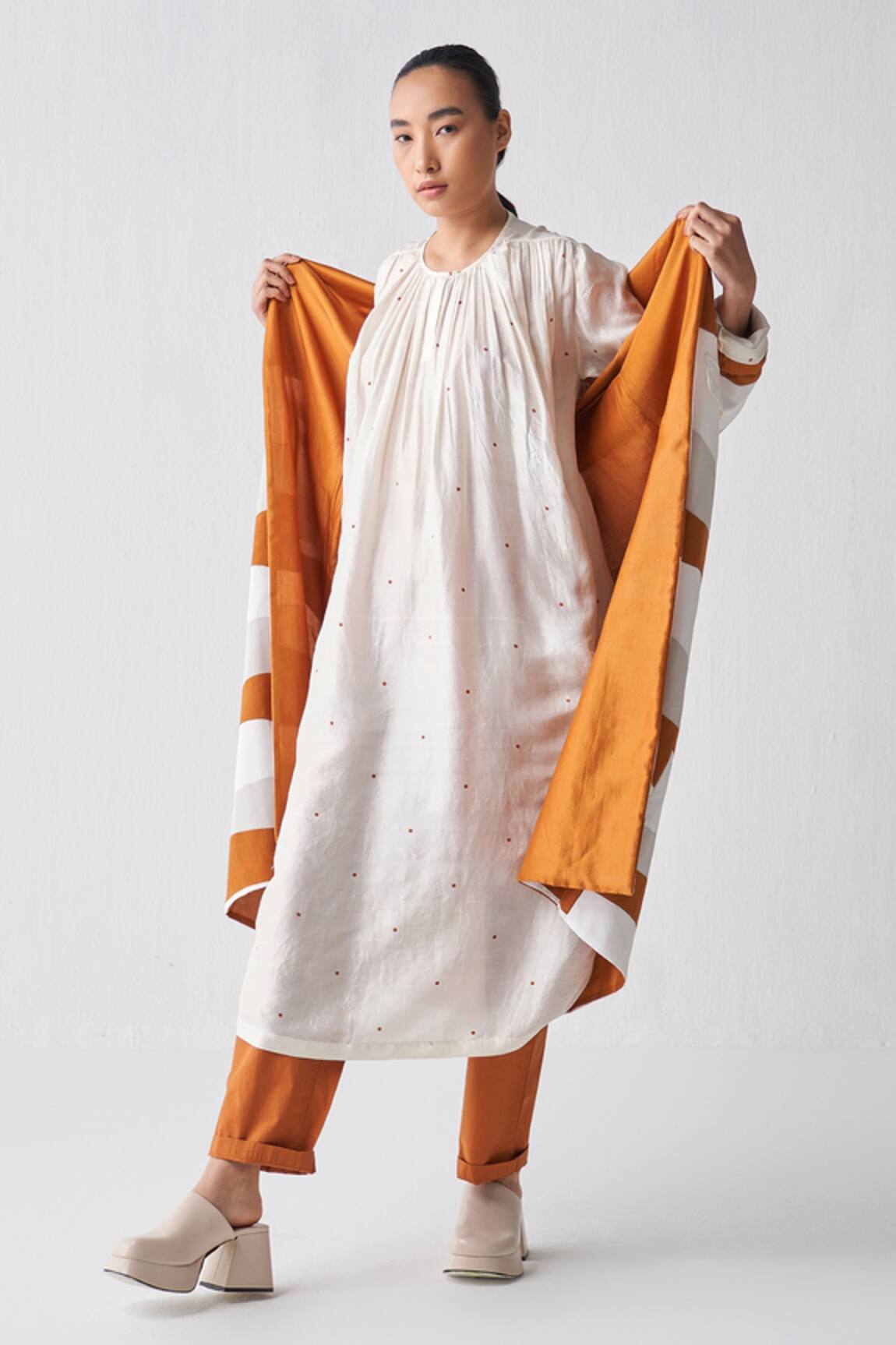 Three Gathered Neck Polka Print Dress