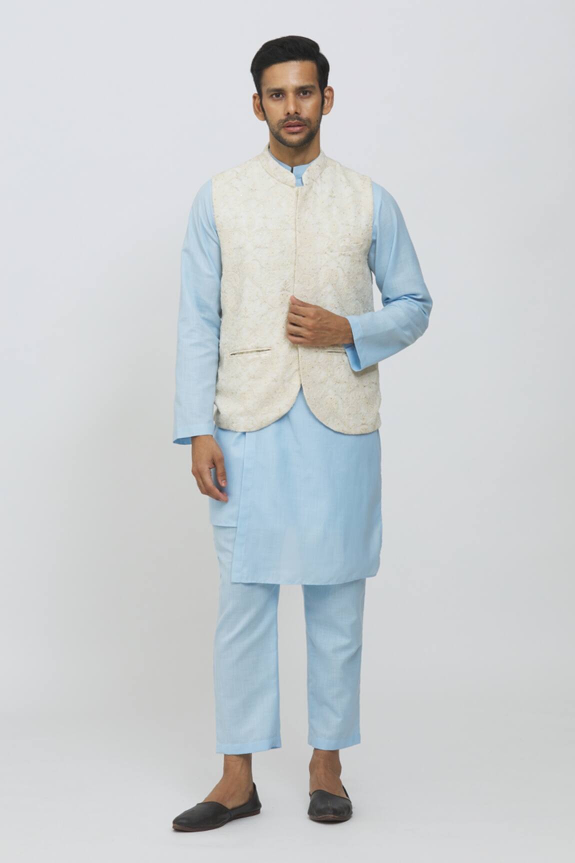 Priti Sahni Bundi Jacket With Sky Blue Kurta Set