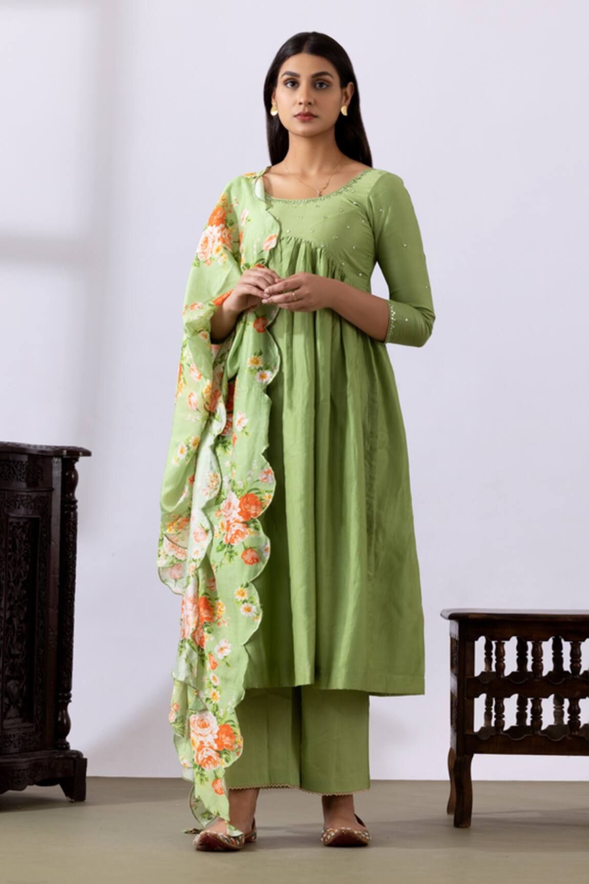 Abbaran Mirror Embroidered Gathered Anarkali Palazzo Set