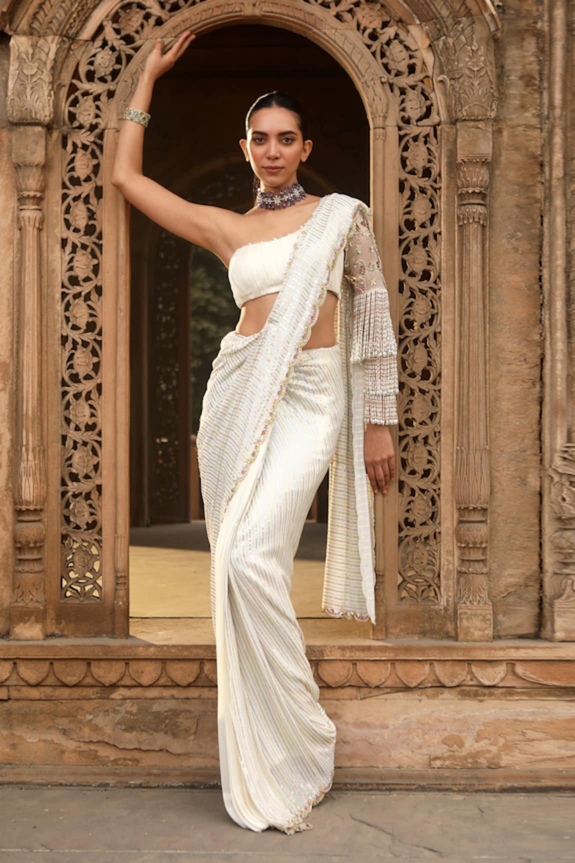 Dheeru Taneja Taabir Pre-Draped Saree With One Shoulder Blouse