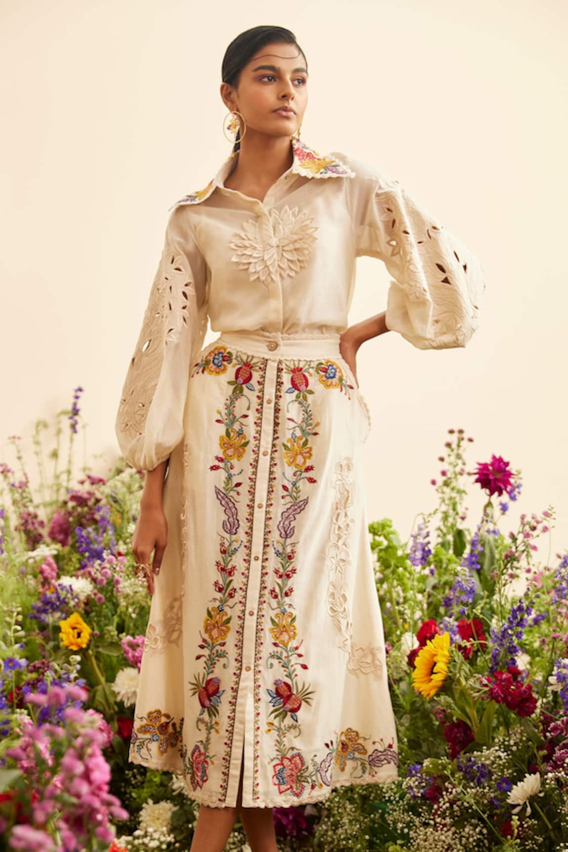 Chandrima Chanderi Floral Cut Work Shirt