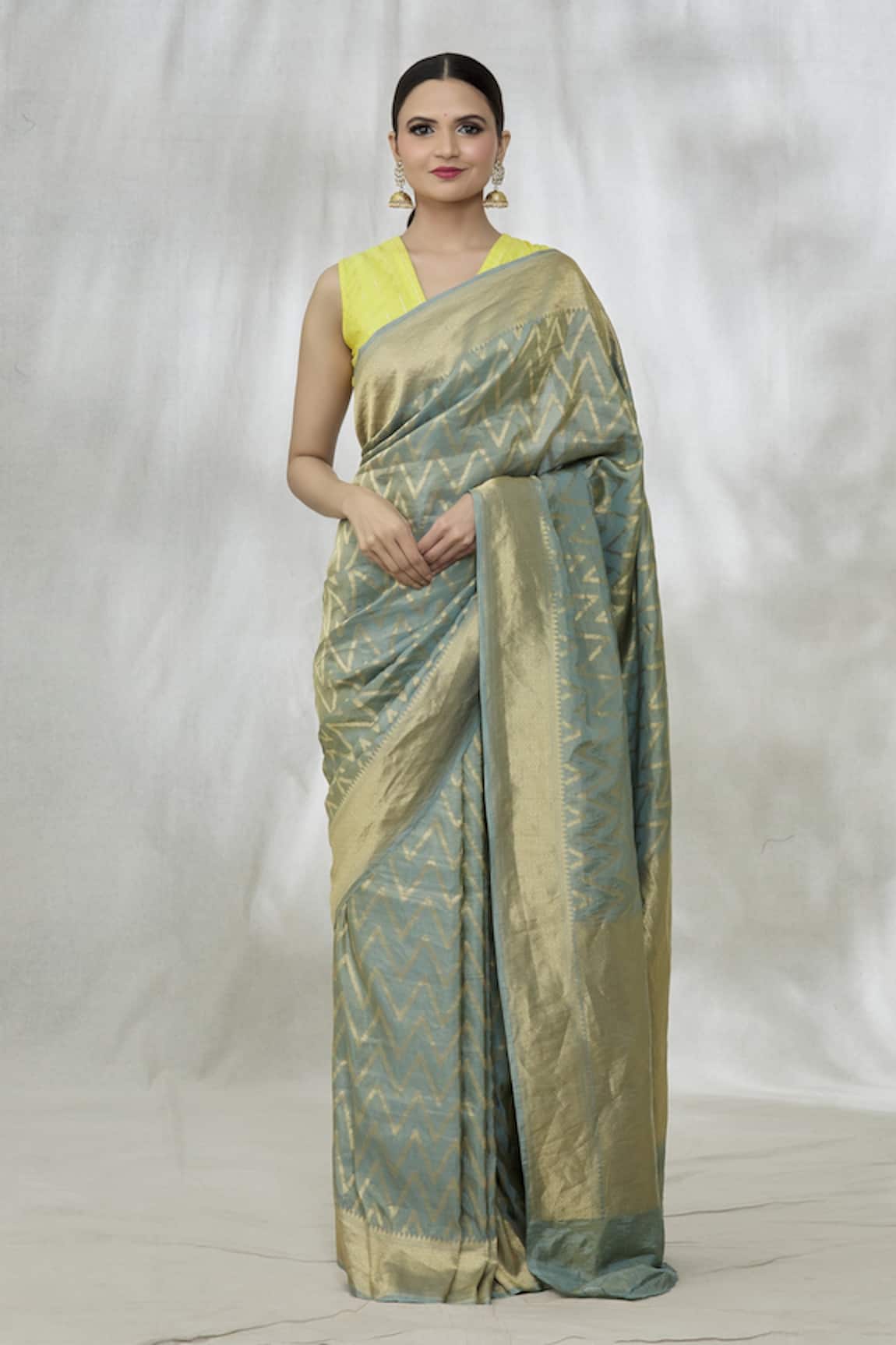 Mint N Oranges Chevron Silk Tissue Banarasi Saree With Unstitched Blouse Fabric