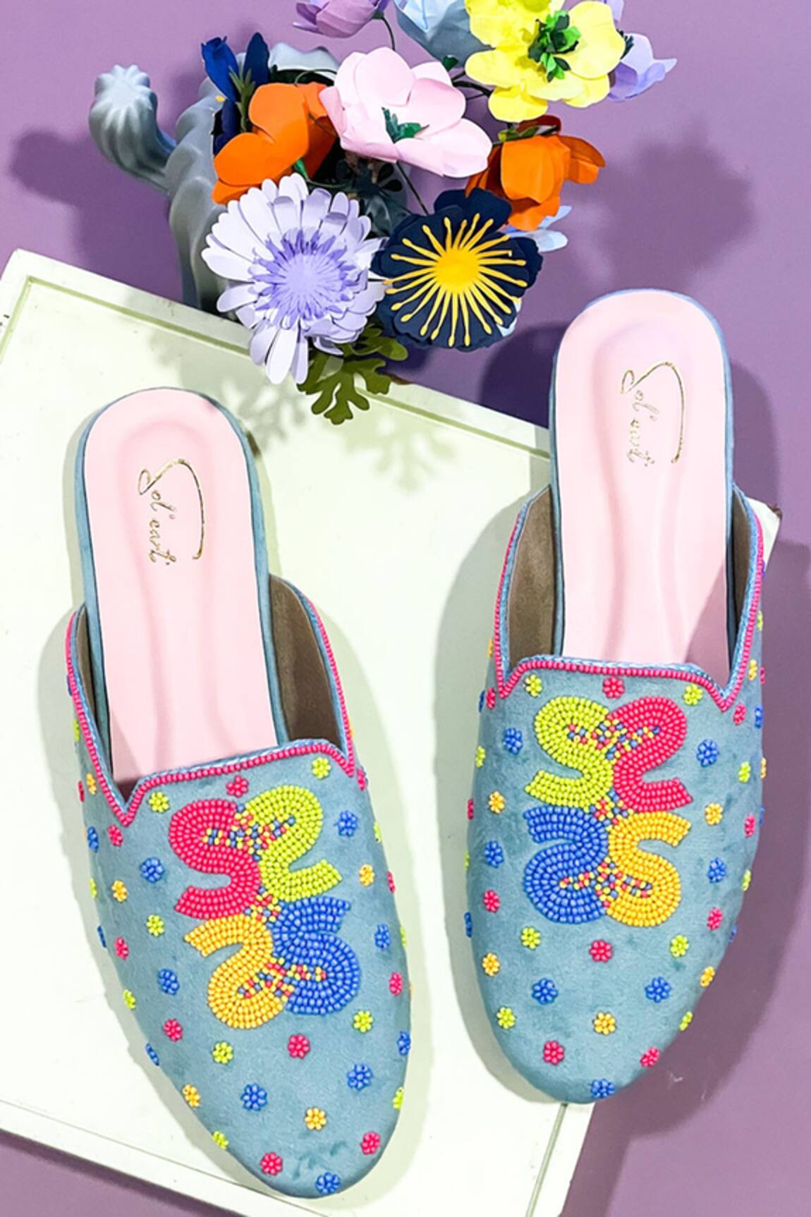 Soleart Monogram Bead Hand Embroidered Mules