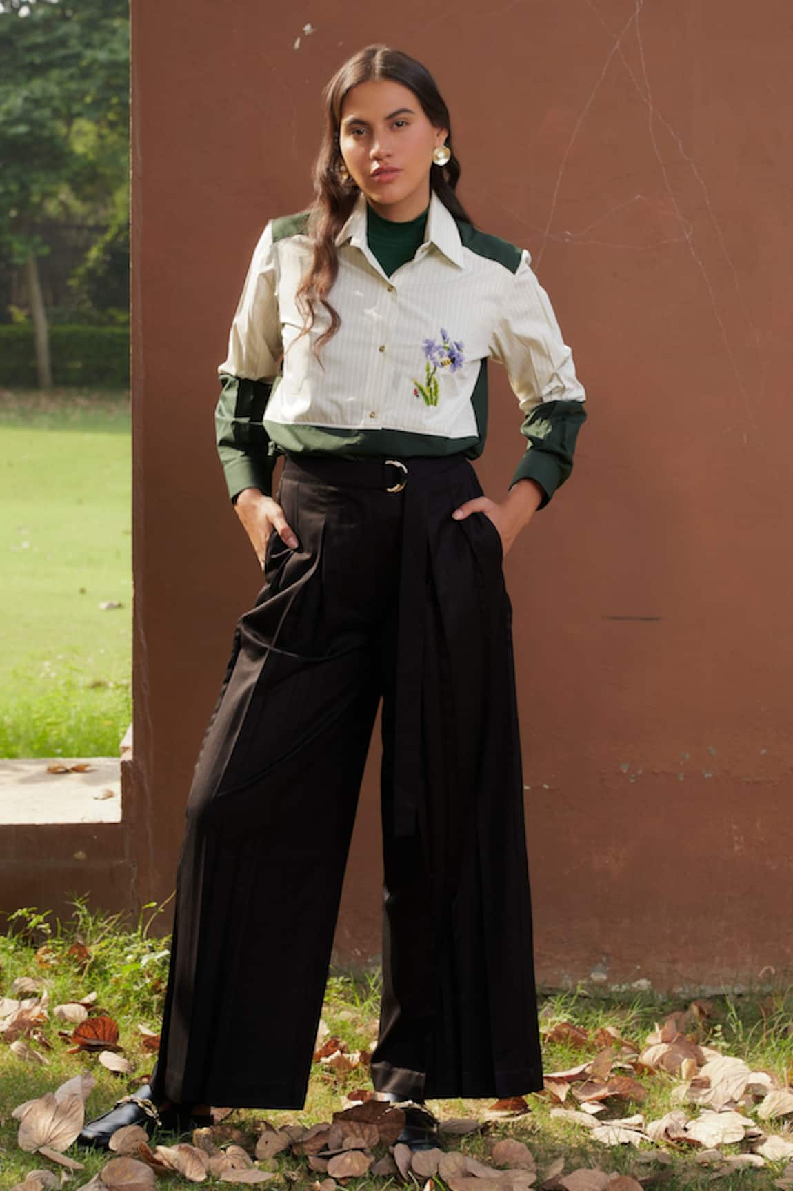 Ode To Odd Floral Embroidered Color Block Shirt