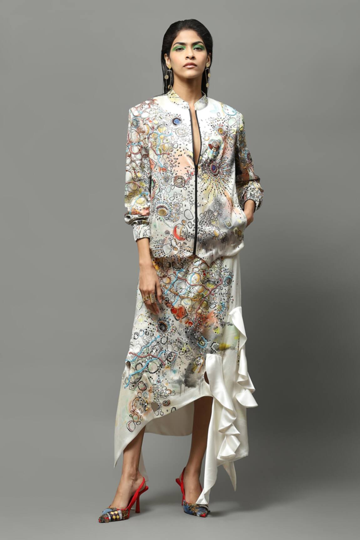 AK-OK Satin Abstract Print Bomber